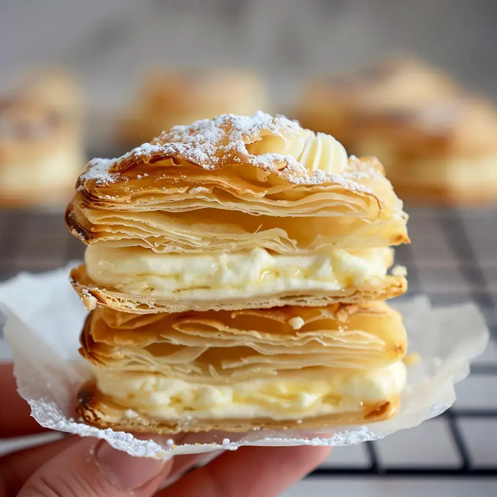 Un pâtissier présente une part de mille-feuille avec des couches croustillantes de feuilleté et une crème vanille généreuse, saupoudrée de sucre glace.