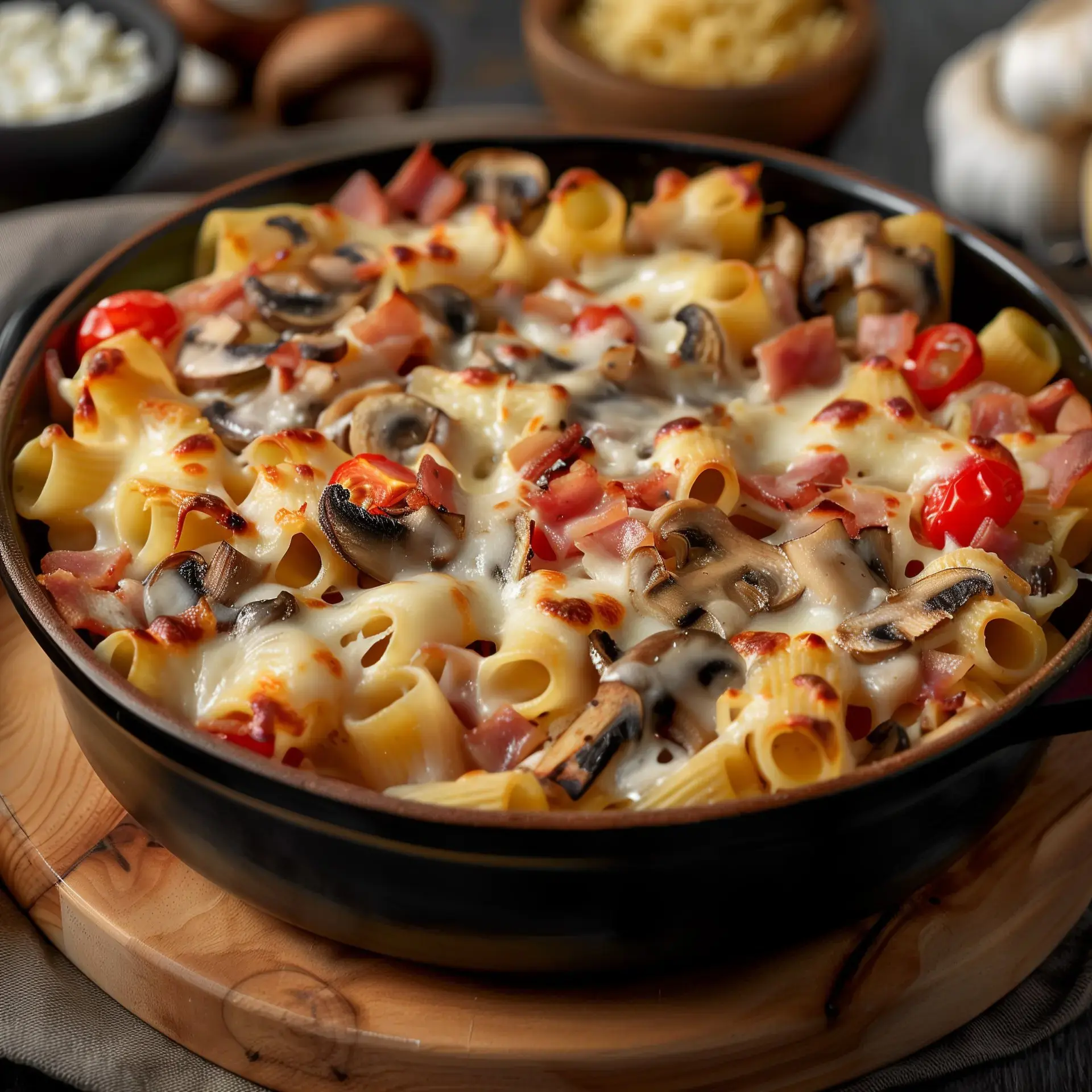 Un gratin de pâtes crémeux avec lardons, champignons, tomates, et fromage fondu servi dans un plat noir.