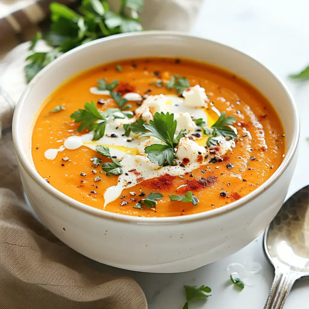 Une belle soupe orange servie dans un bol, décorée de crème fraîche, de poivre concassé et de persil frais, sur une table lumineuse.