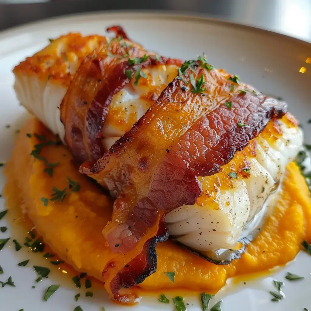 Un délicieux filet de cabillaud en lard fumé, posé sur une purée orange, parsemé de quelques herbes fraîches.