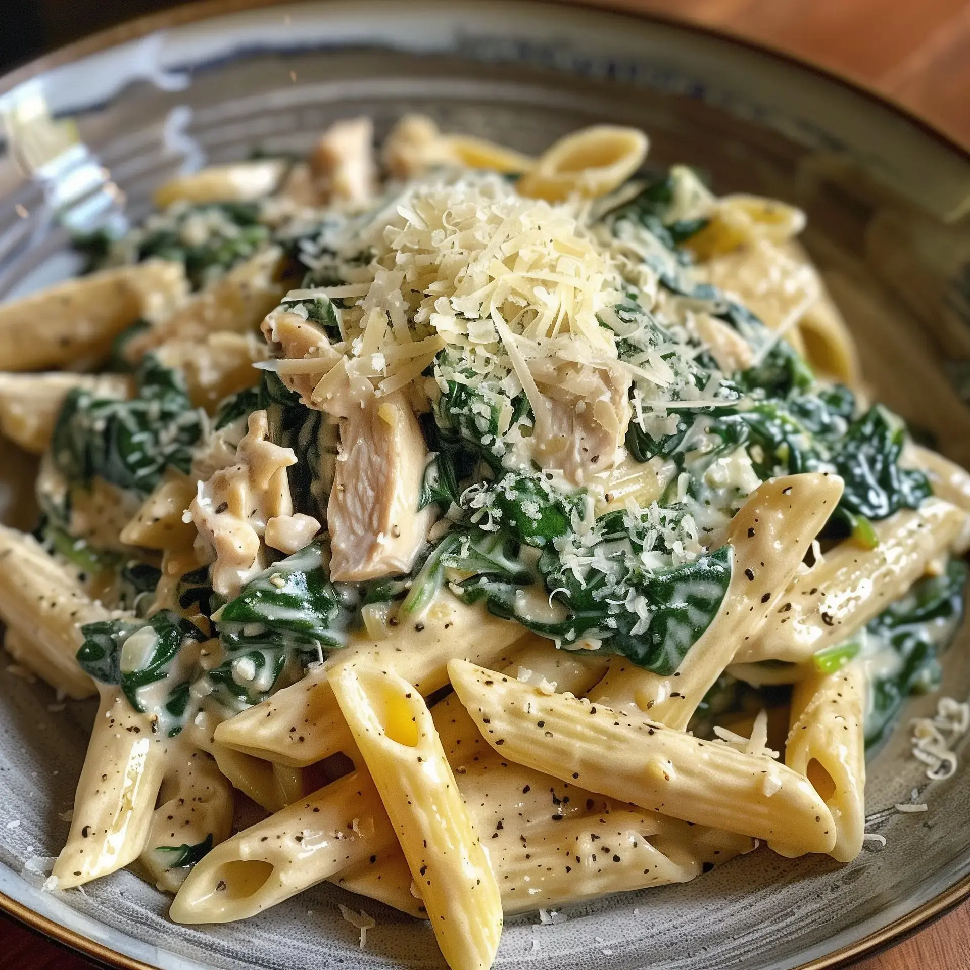 Un plat de pâtes aux penne nappées d'une sauce crémeuse au poulet et aux épinards, avec une garniture de fromage râpé.