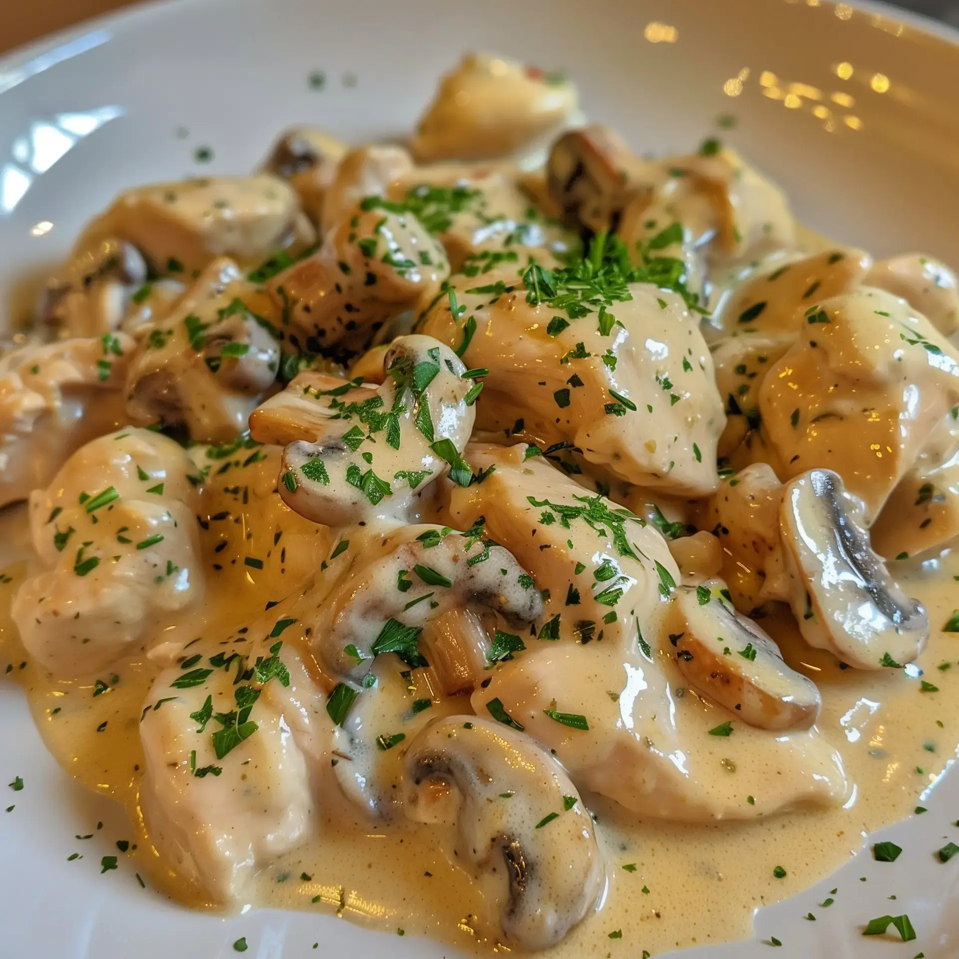 Un délicieux plat français de poulet à la crème et ses champignons garni de persil frais.