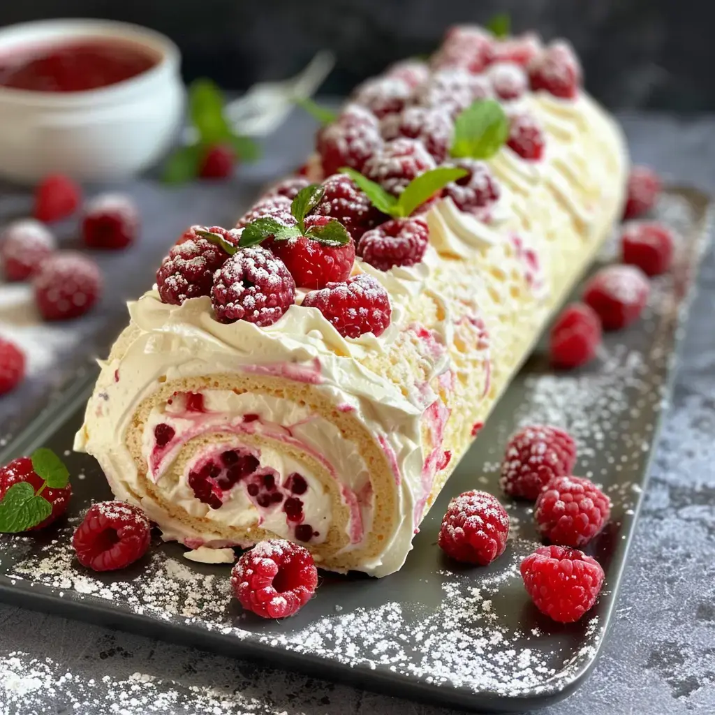 Délicieuse bûche au mascarpone et framboises fraîches