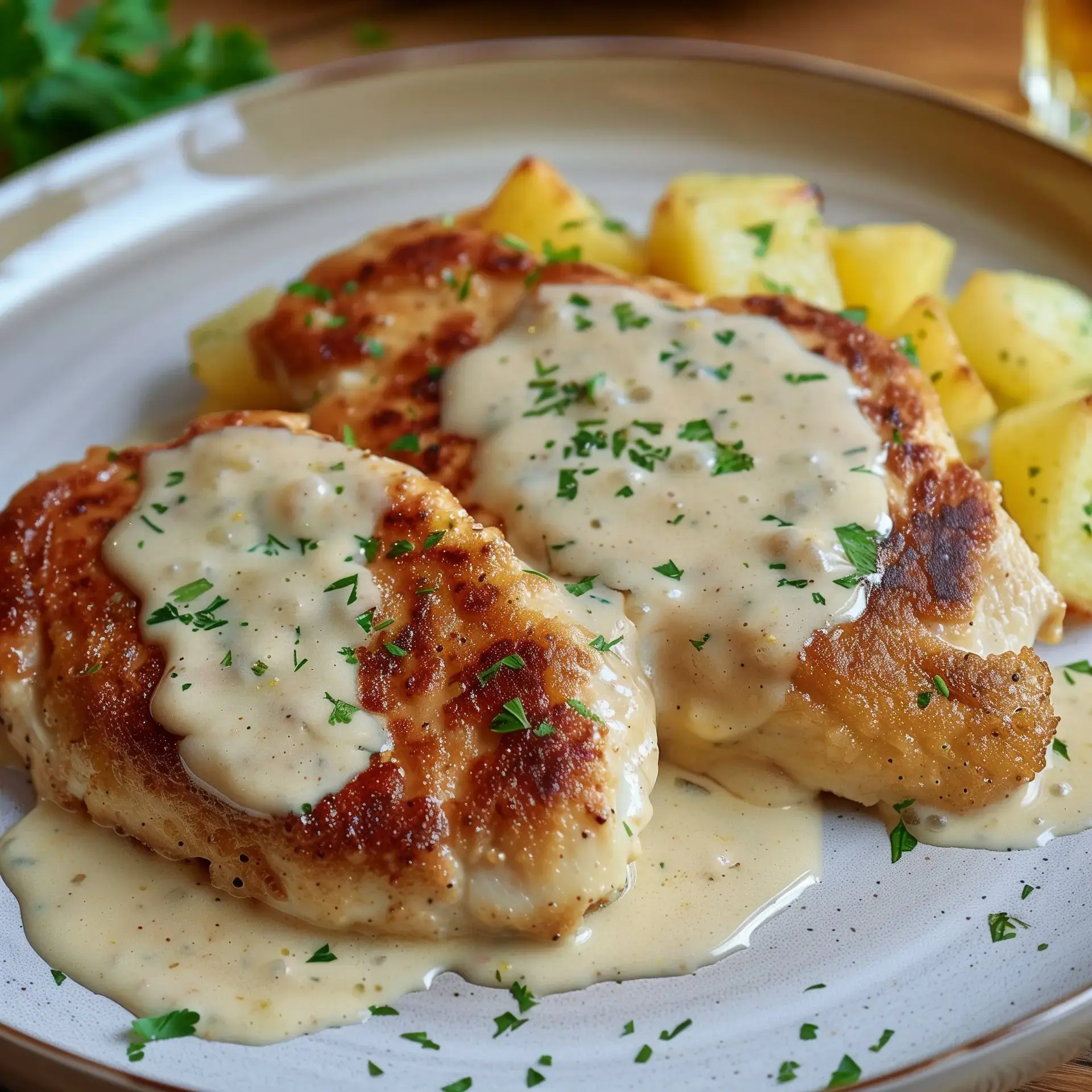 Assiette garnie d'escalopes nappées d'une sauce reblochon et accompagnées de pommes de terre dorées à la poêle.