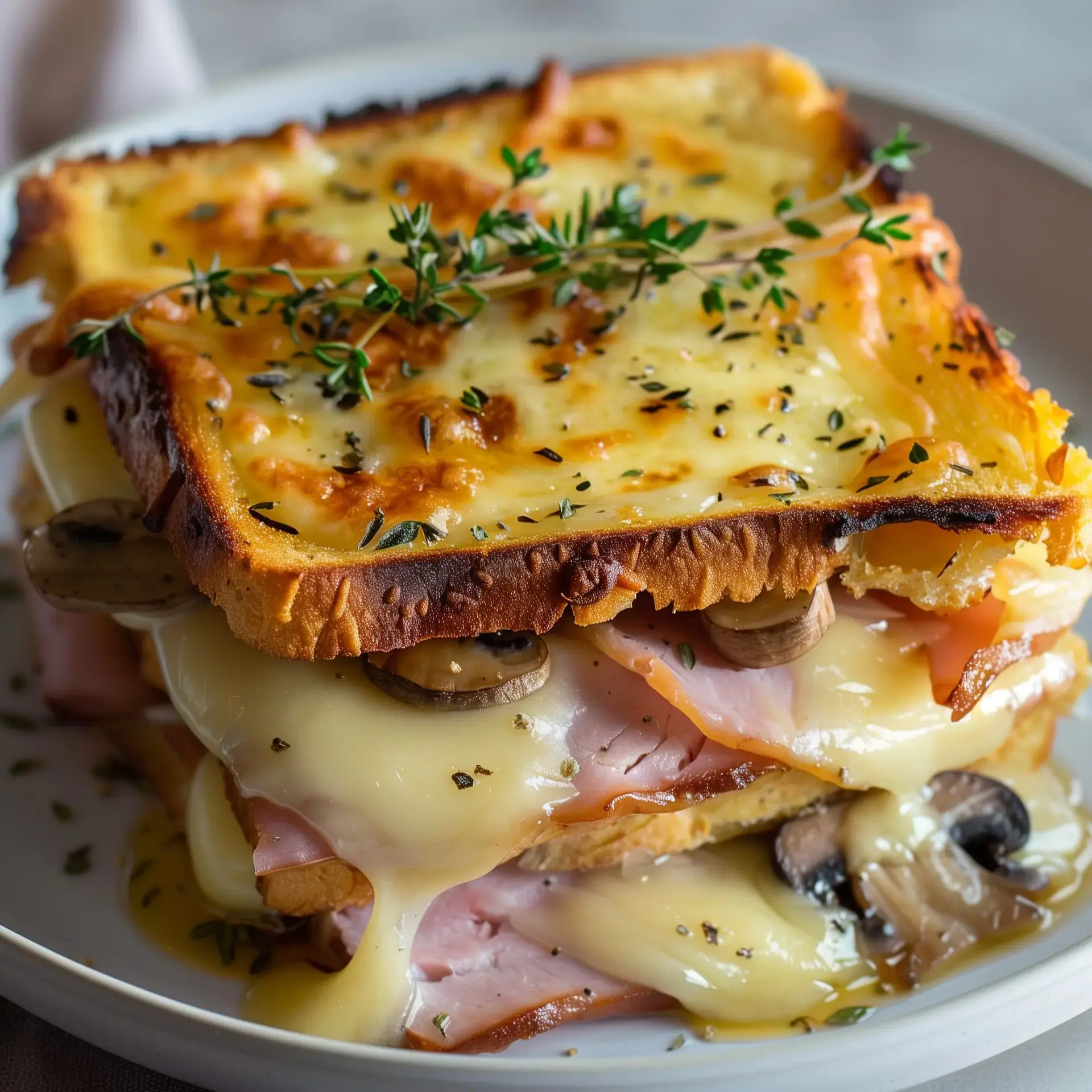 Un superbe Croque-monsieur doré, garni de fromage fondant et d'une tranche de jambon, avec quelques herbes fraîches.