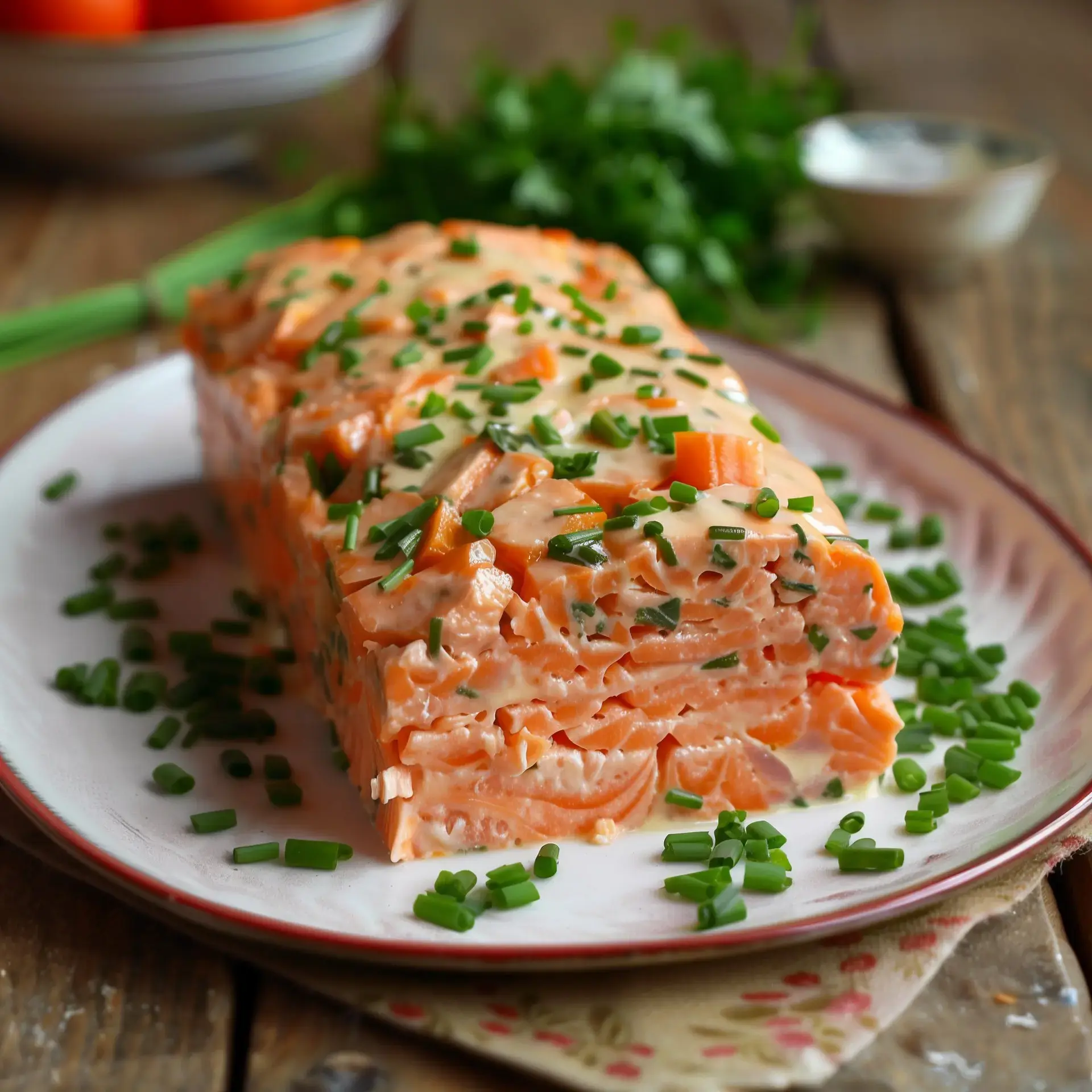 Un plat de terrine au saumon, parsemé de ciboulette fraîche, posé avec élégance sur une assiette accompagnée de légumes.