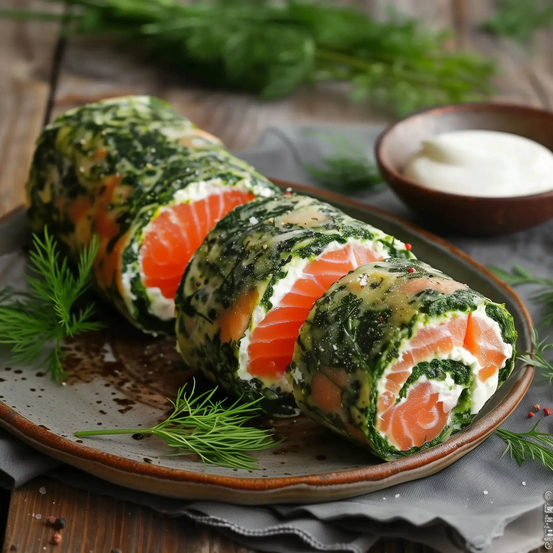 Un roulé garni de saumon fumé et fromage, entouré d'une génoise aux épinards, et décoré de brins d'aneth.