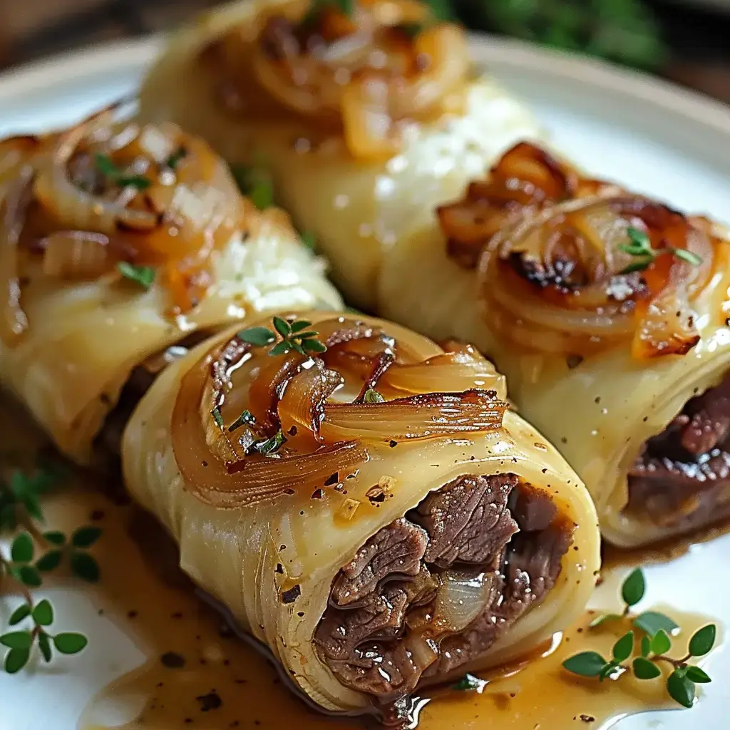 De savoureux roulés de bœuf farcis aux oignons dorés, nappés de sauce, présentés dans une assiette.