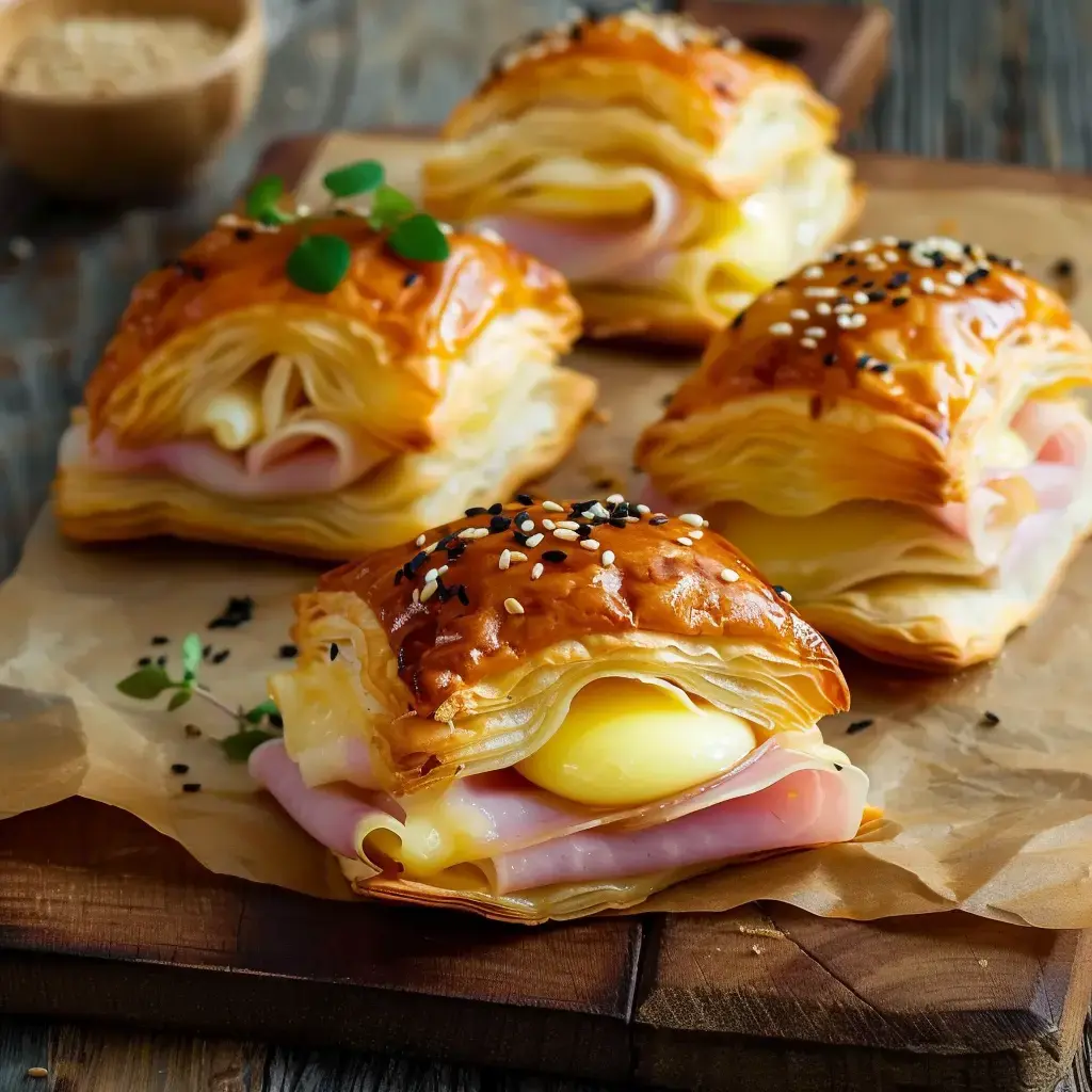 Des encas feuilletés combinant jambon et fromage doré, joliment présentés sur une assiette en bois.