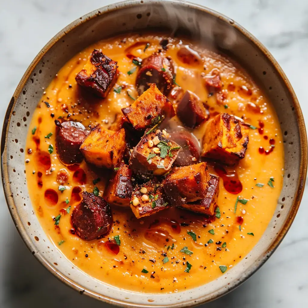 Une assiette de velouté de patate douce, ornée de morceaux de chorizo croustillants et de coriandre fraîche.