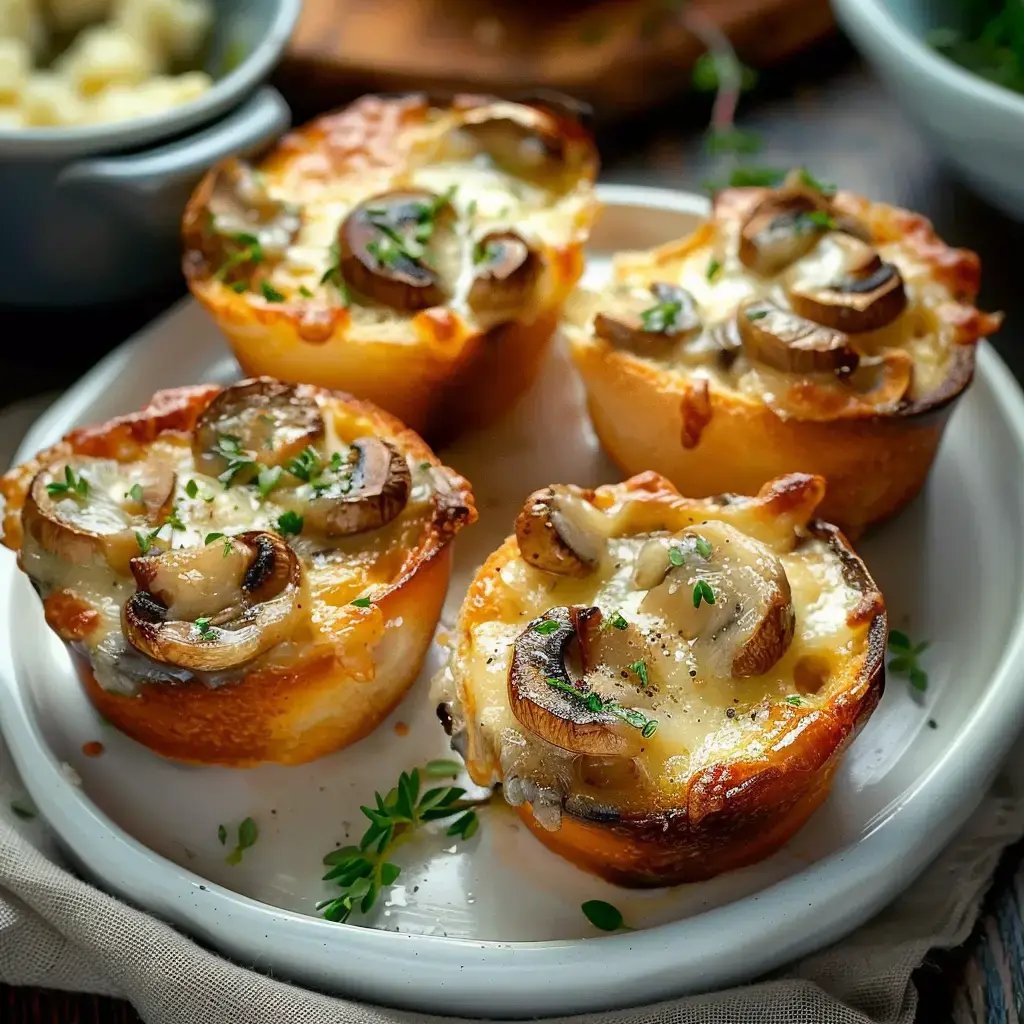 Des plats avec des toasts gratinés aux champignons et fromage doré, agrémentés de branches de thym.