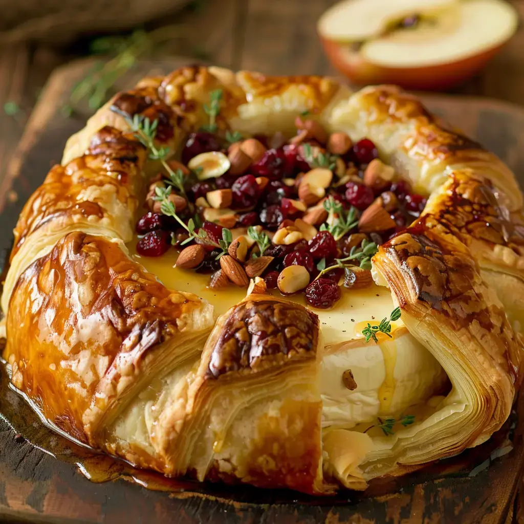 Un fromage brie encore chaud enrobé de pâte croustillante, garni de cranberries, d'amandes et de miel, présenté sur une planche en bois.