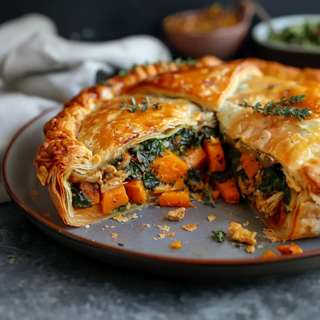 Tarte maison feuilletée aux épinards, morceaux de courge et herbes fraîches, tranchée pour montrer l'intérieur gourmand.