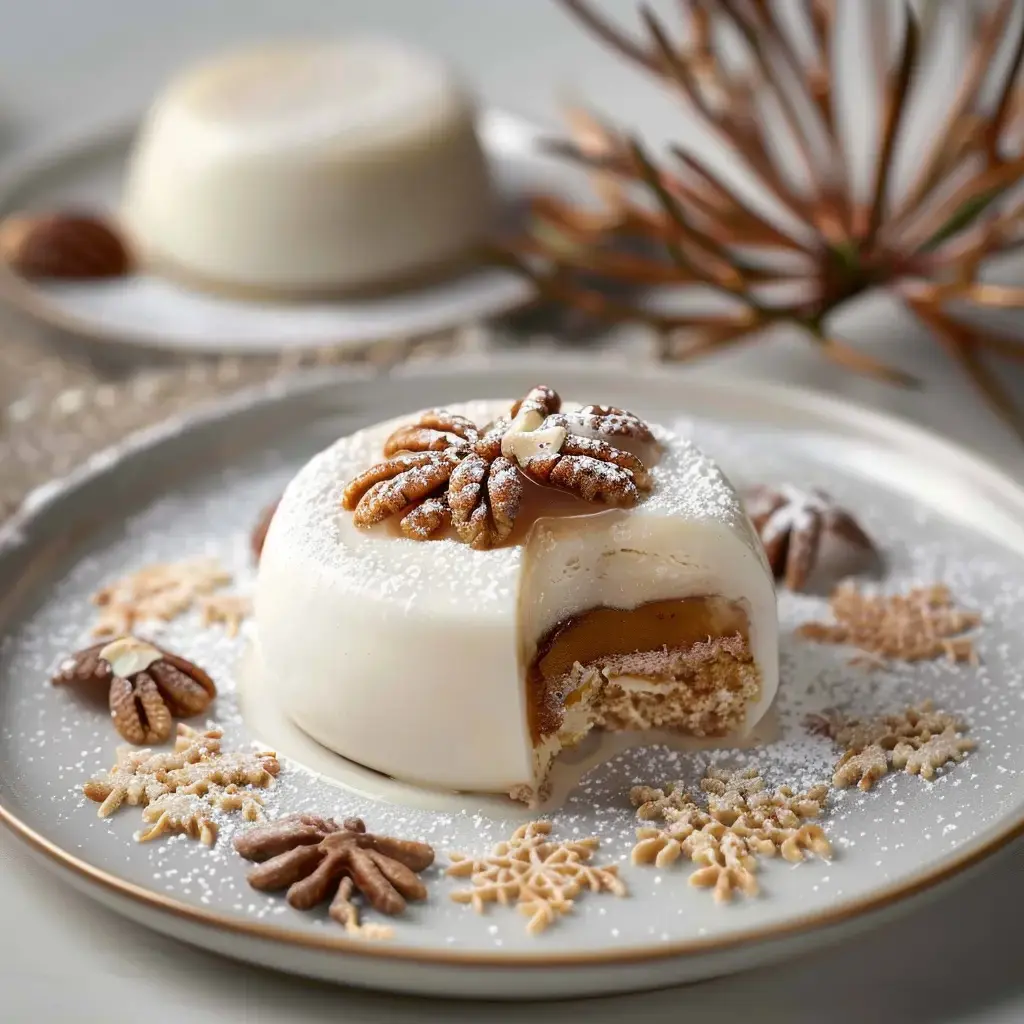 Un dessert raffiné superposé de mousse vanillée et de caramel crémeux, orné de noix de pécan et de jolis flocons de sucre.