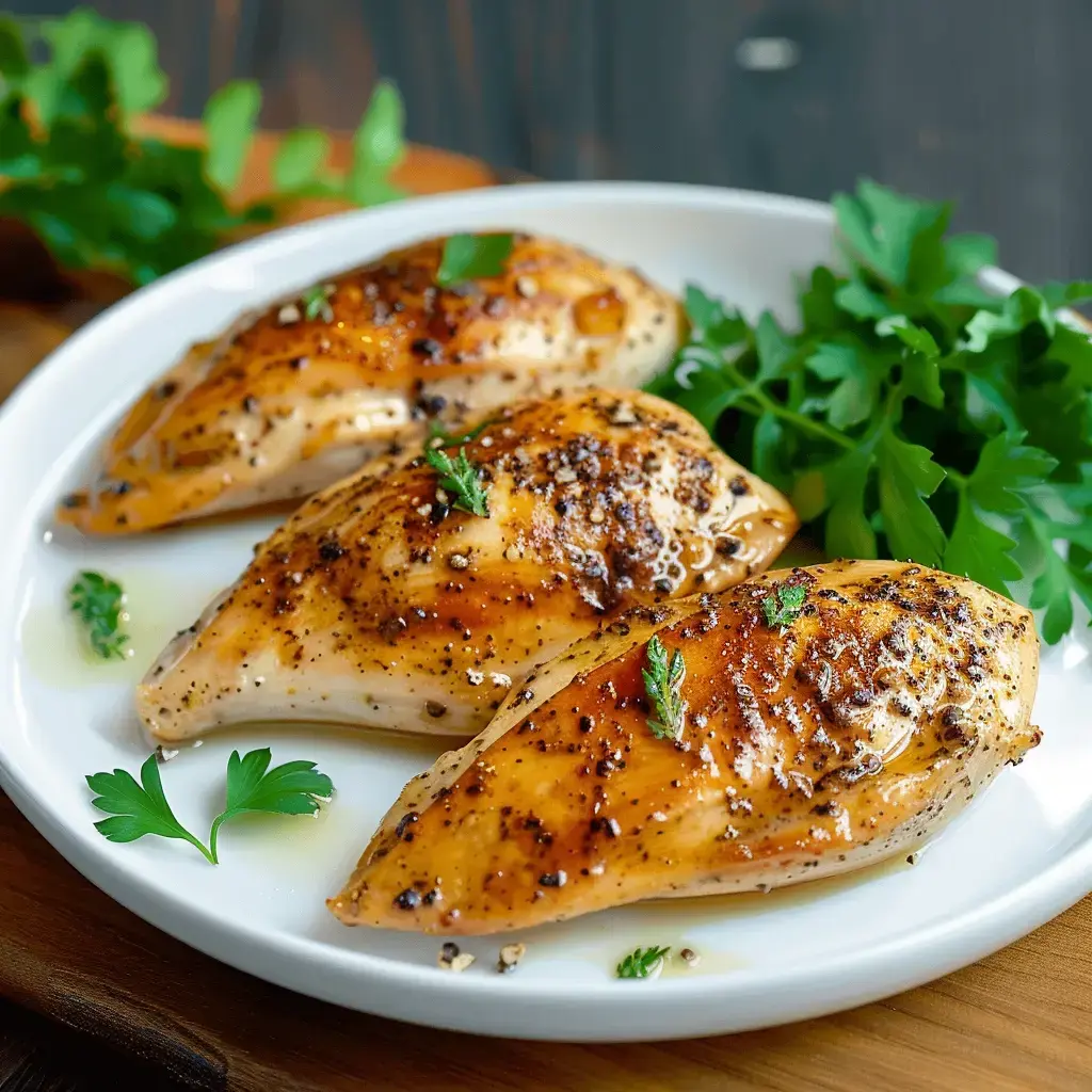 Des filets de poulet grillés et assaisonnés avec des herbes fraîches, joliment dressés sur une assiette blanche.