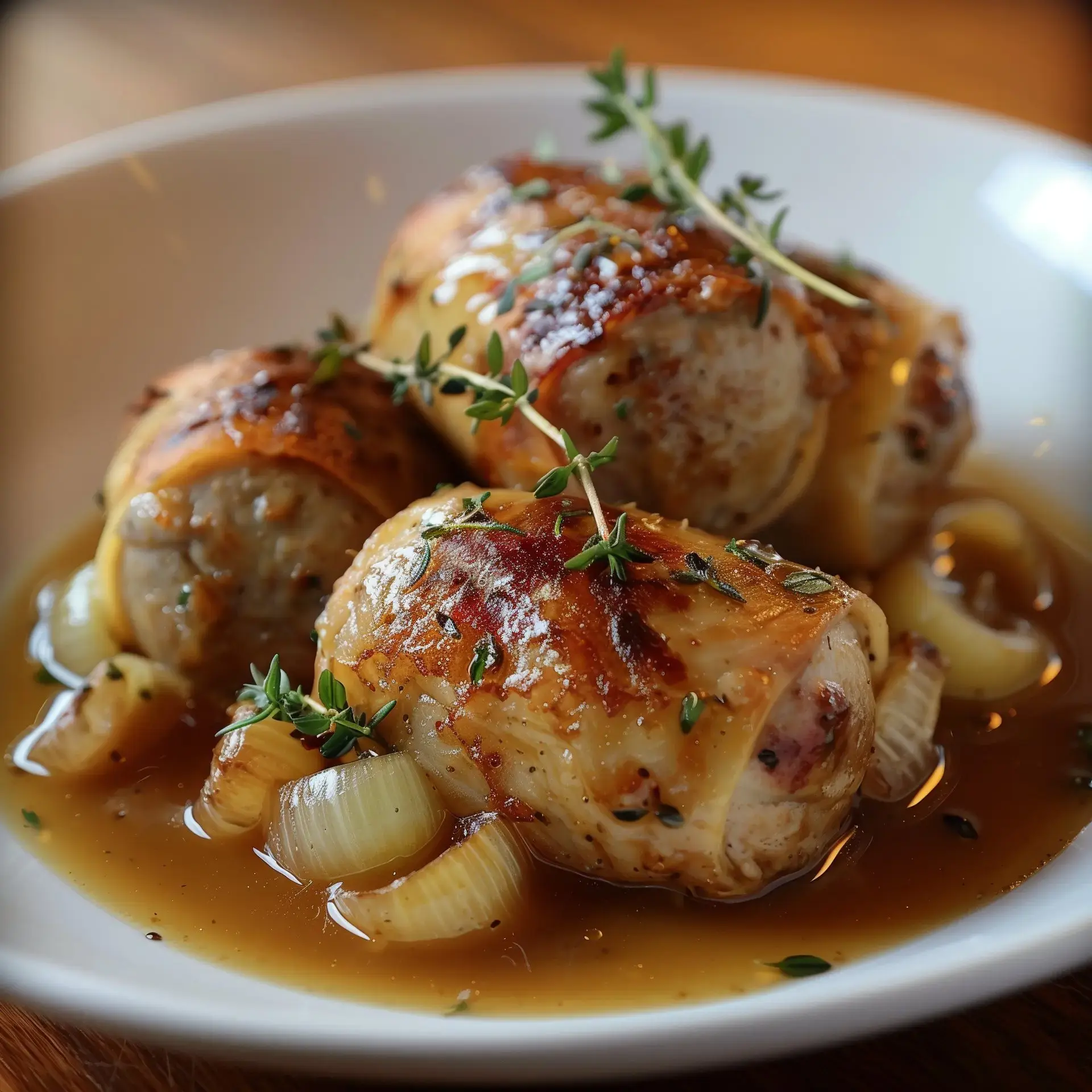 Des paupiettes de veau dans une sauce onctueuse, parsemées de thym et accompagnées d'oignons dorés.