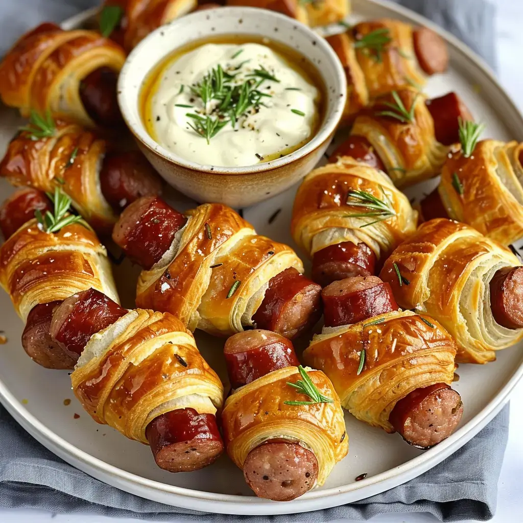 Petits feuilletés croustillants avec des saucisses et une sauce crémeuse, prêts pour l'apéritif.