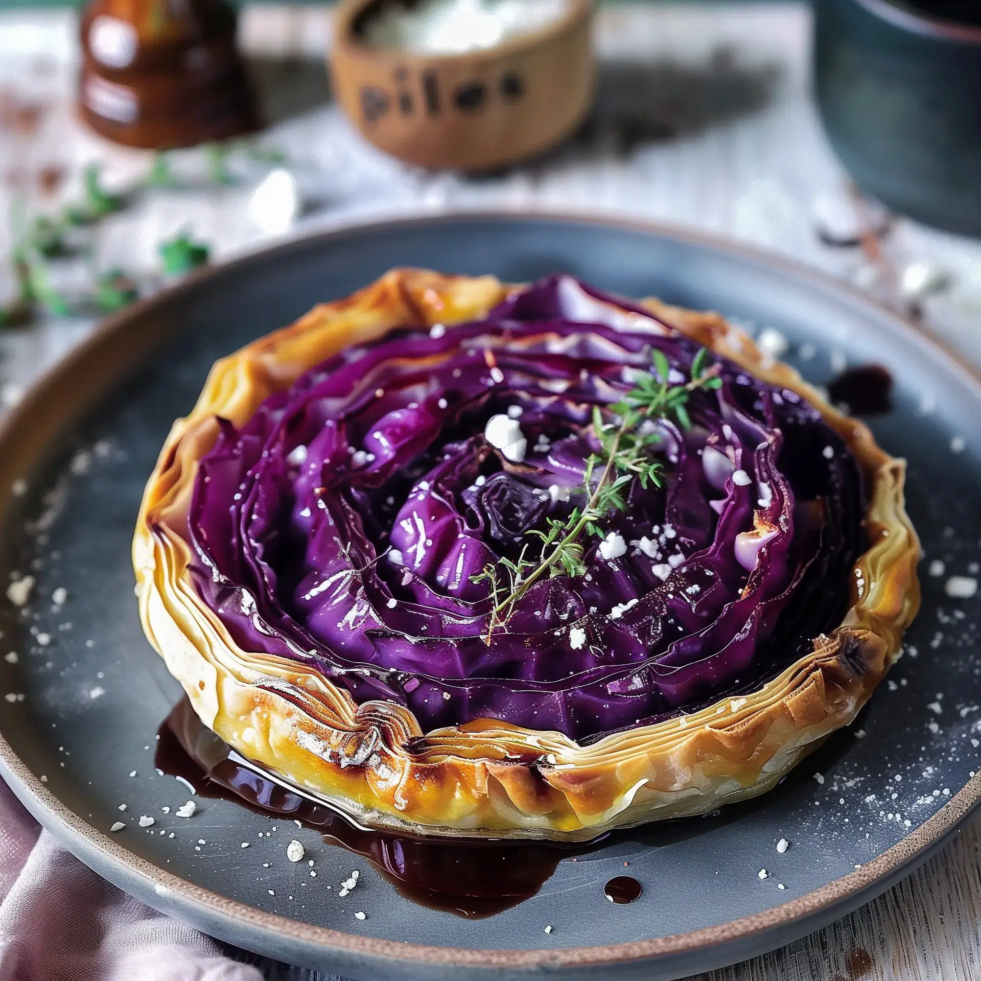 Une tarte joliment présentée où le chou rouge forme une spirale, garnie de thym et saupoudrée de feta, posée sur une assiette.