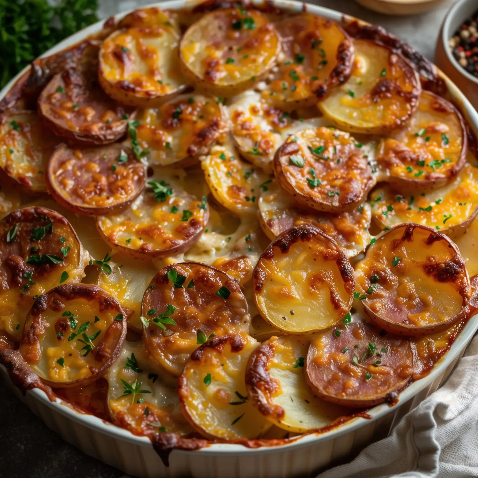 Plat de gratin bien doré, garni de fromage fondu sur des pommes de terre et herbes fraîches, servi dans un plat coloré.