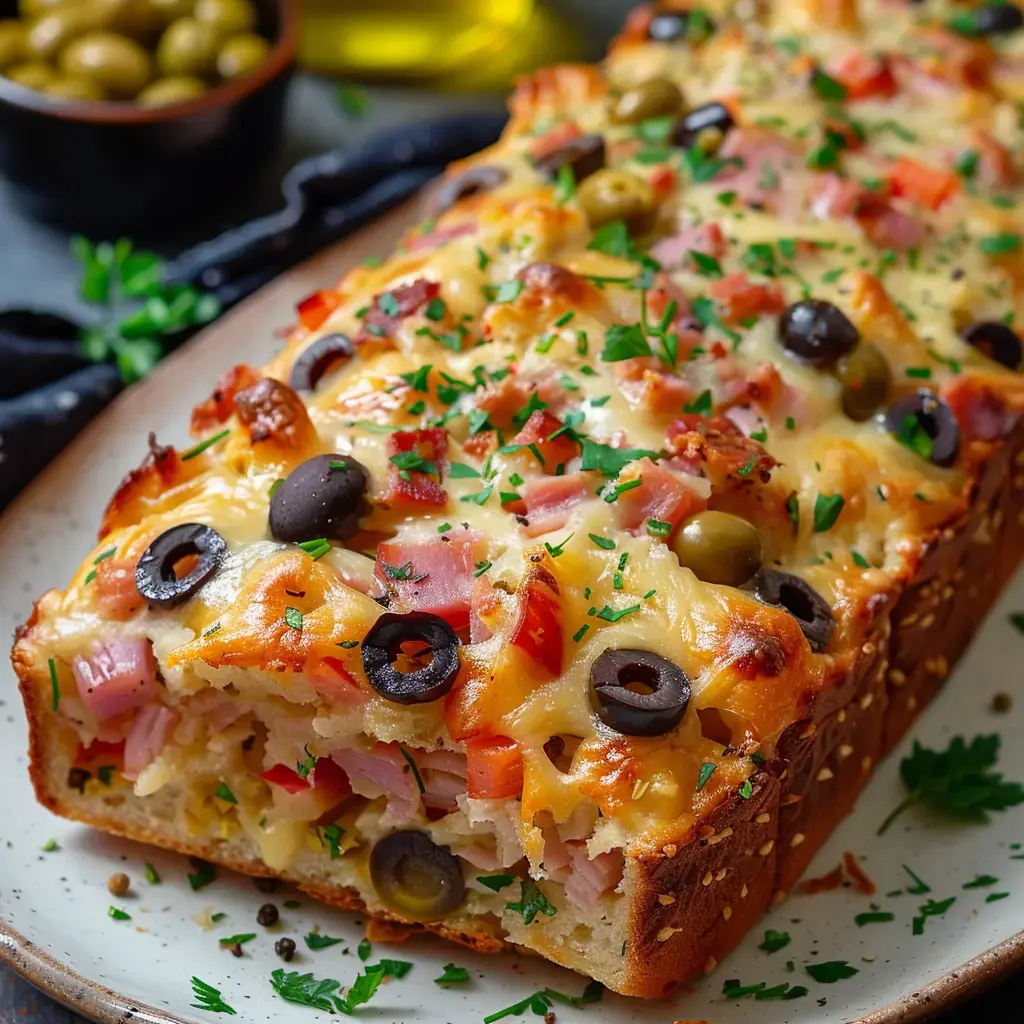 Un délicieux cake garni de morceaux de jambon, olives vertes et noires, avec fromage gratiné et persil frais.