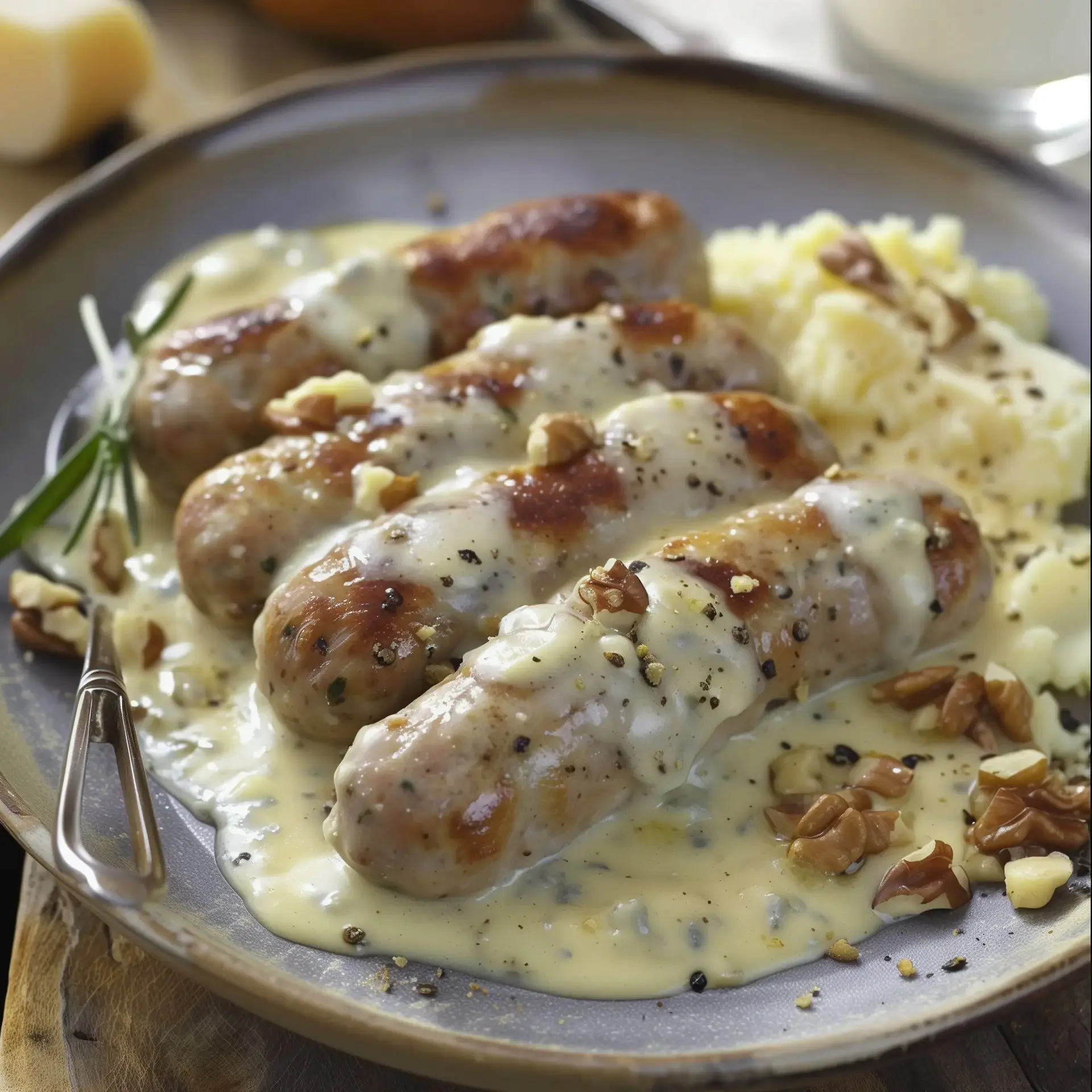 Des boudins blancs dorés avec une sauce crémeuse, présentés avec une purée et garnis de noix.