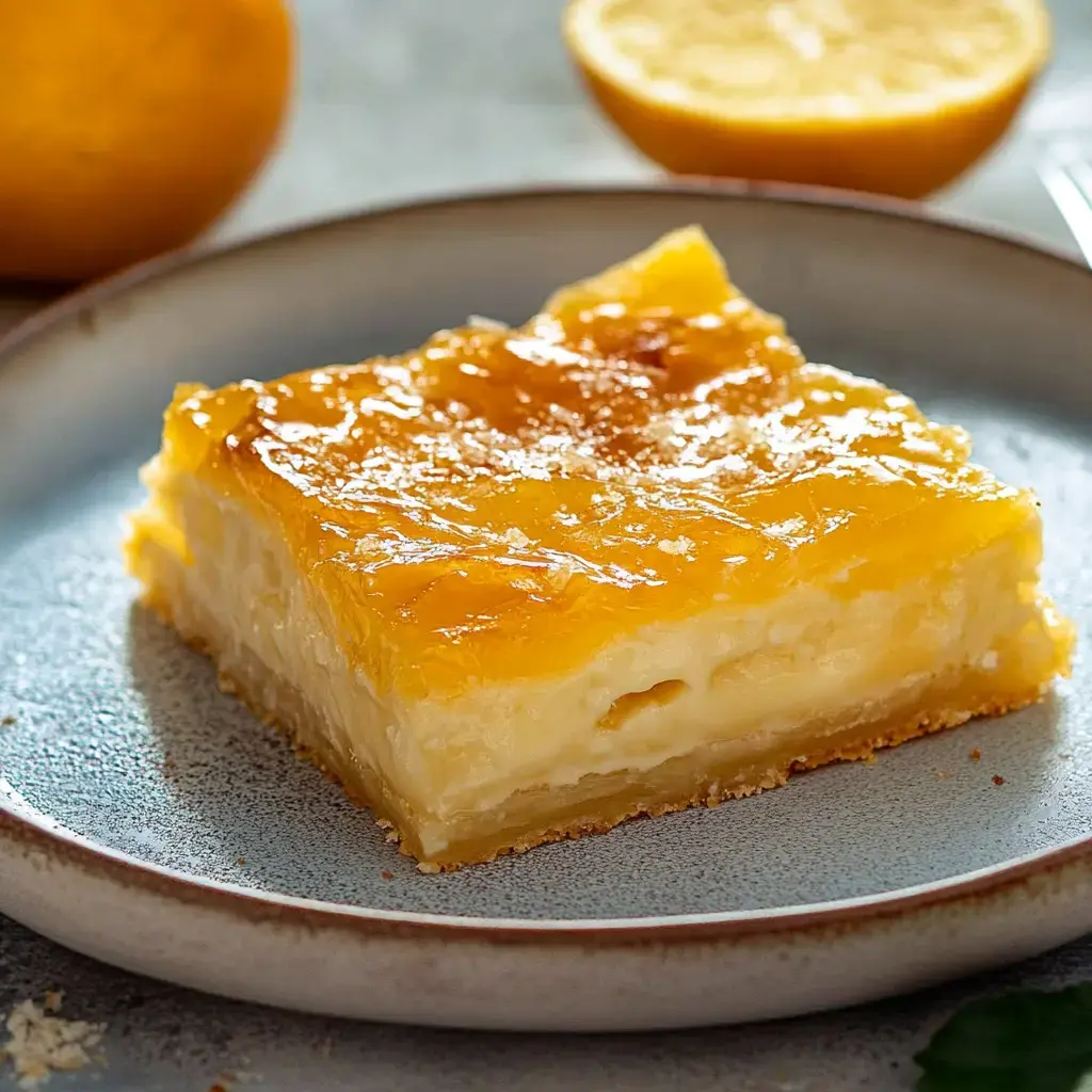 Une portion de gâteau à l'orange grec servi sur une assiette, avec quelques quartiers d'orange en arrière-plan.