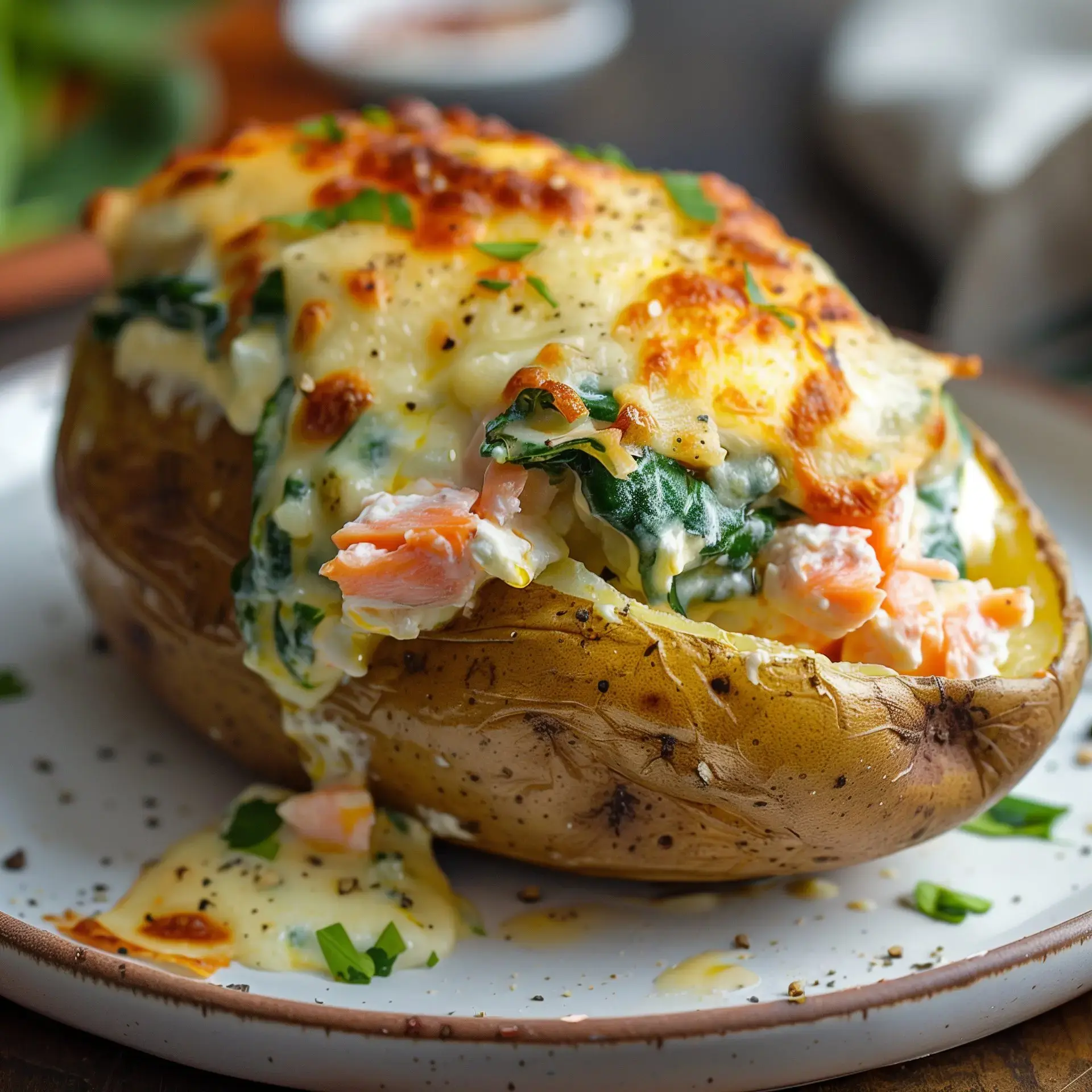 Une pomme de terre farcie au saumon et aux épinards avec du fromage fondu, servie joliment dans une assiette.