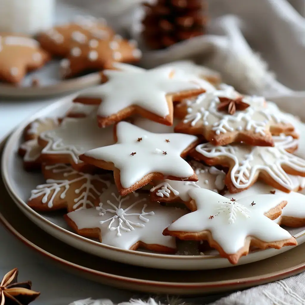 Une jolie assiette pleine de douceurs en forme d’étoiles et flocons, toutes bien décorées avec du glaçage blanc festif.