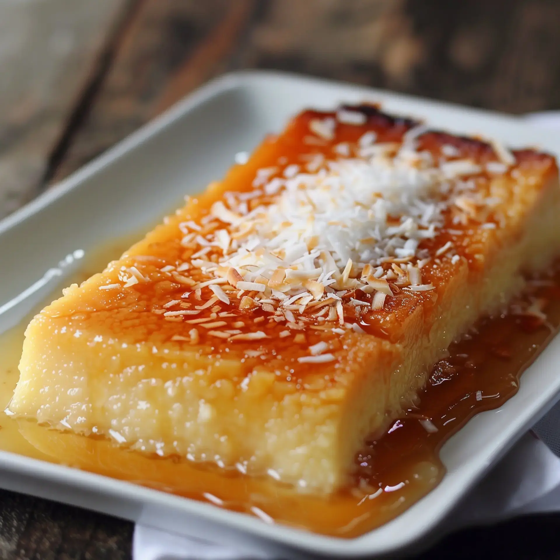 Un flan crémeux saupoudré de coco râpée et avec du caramel coulant, présenté sur une belle assiette.