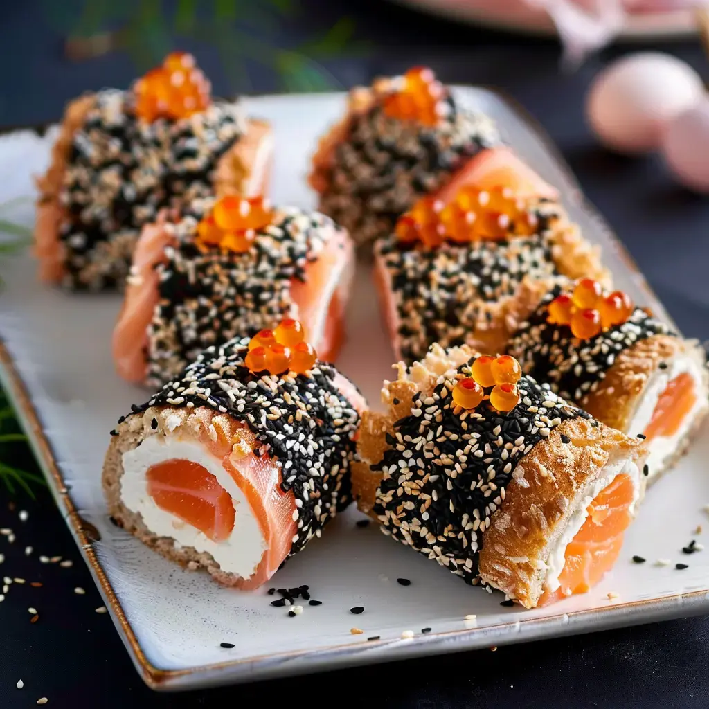 Roulés saumon avec fromage, enrobés de sésame noir et de caviar, joliment disposés sur une assiette.