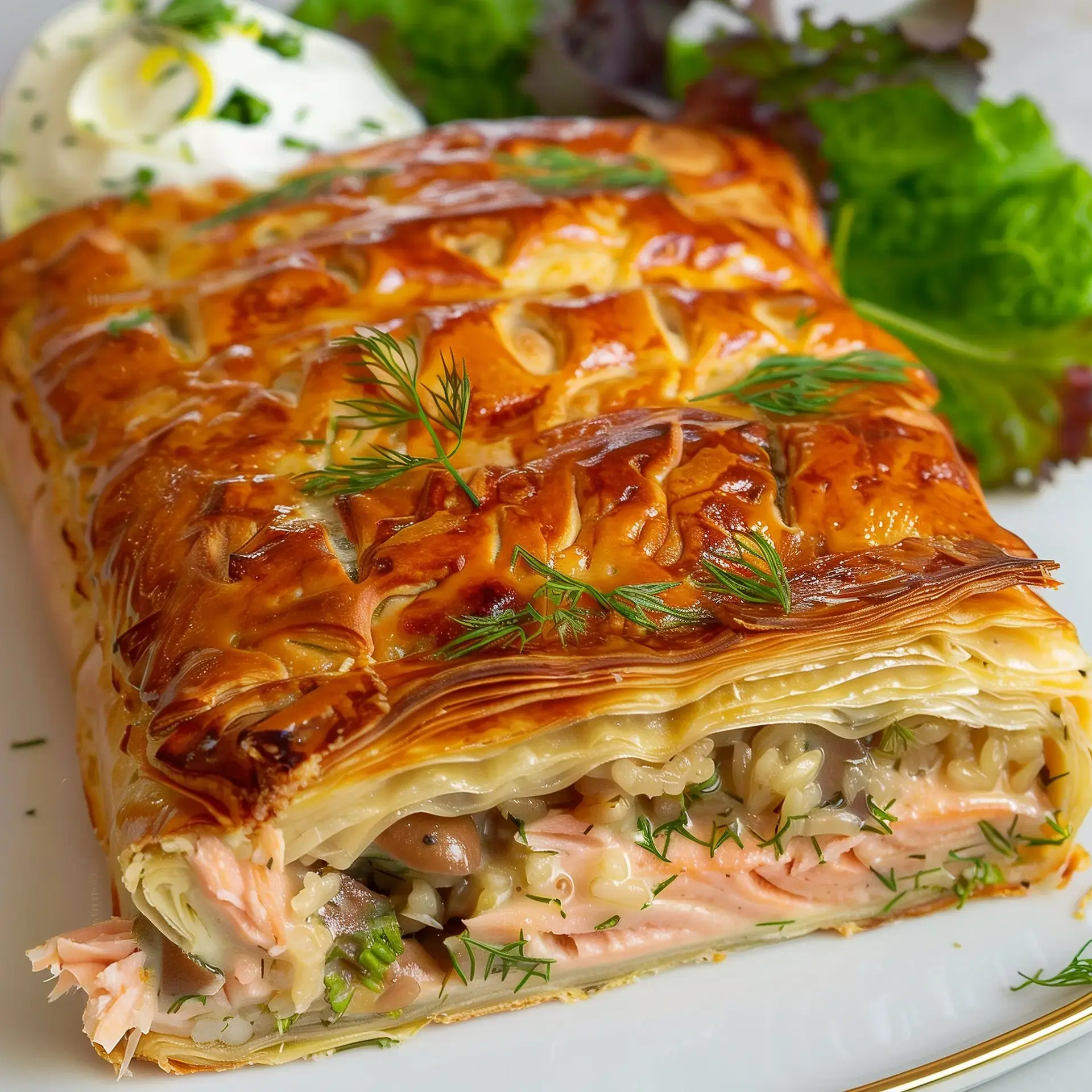 Une tourte dorée remplie de saumon frais et autres ingrédients gourmands, accompagnée d'une salade et d'une sauce.