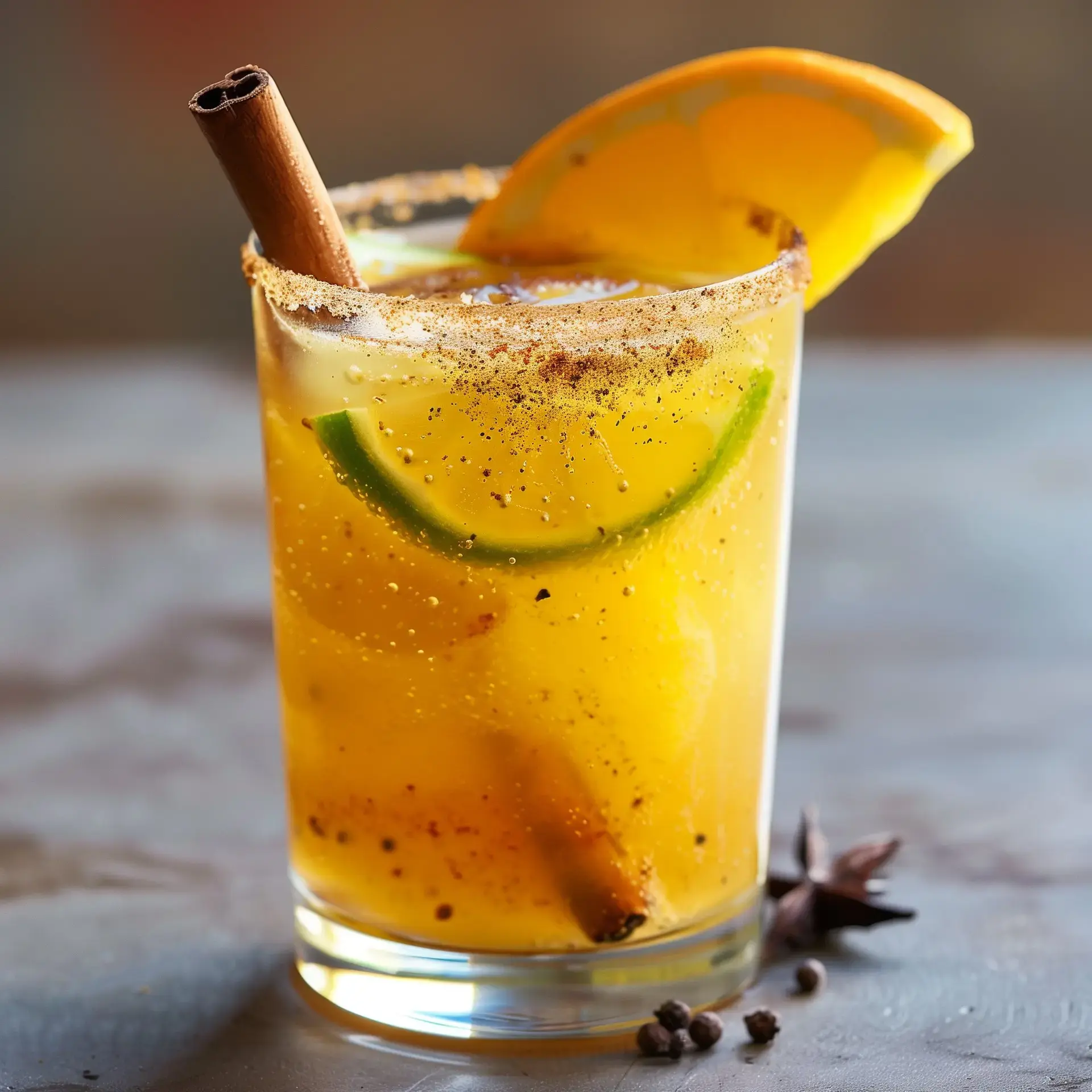 Un cocktail fruité décoré avec des tranches d'orange, de citron vert et un bâton de cannelle.