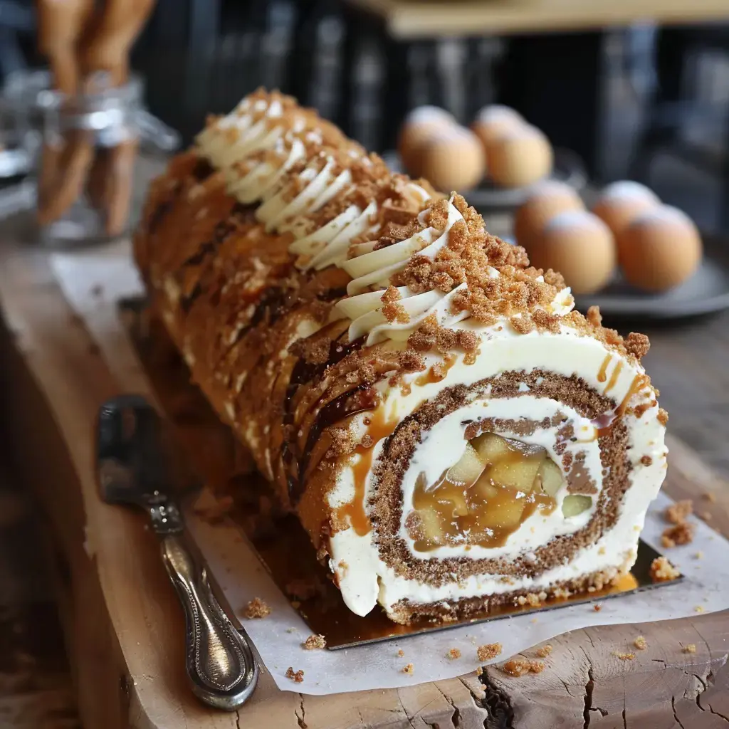 Un gâteau roulé garni de caramel, pommes et spéculoos, parfait pour les fêtes.