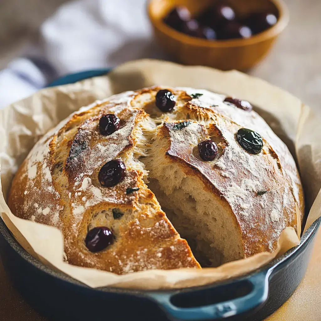 Un pain doré aux olives placé dans une cocotte, prêt à être servi.