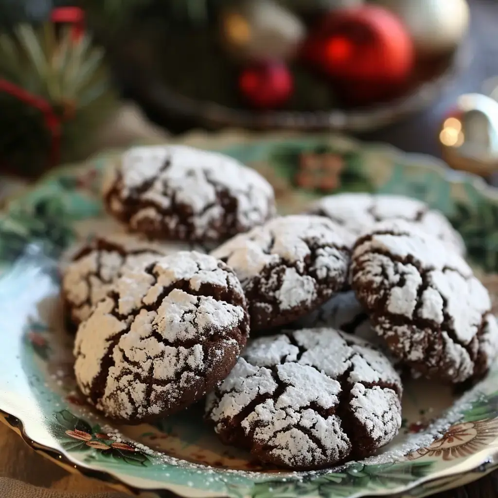 Des craquelés au chocolat, saupoudrés de sucre glace, présentés joliment sur un plat avec un décor de Noël en arrière-plan.