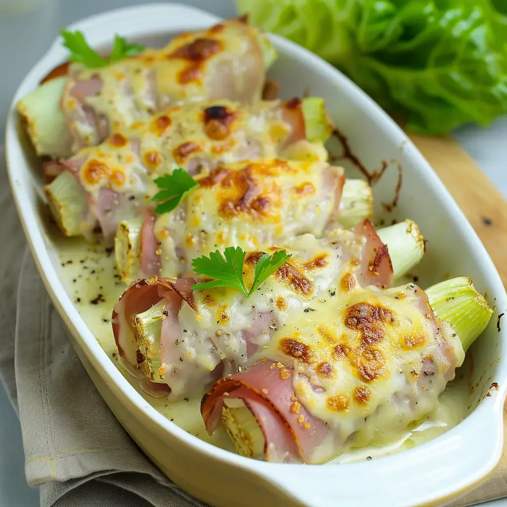 Un plat gratiné d'endives et jambon, recouvert de fromage fondu, quelques feuilles vertes sur le dessus, présenté dans un ravier blanc.