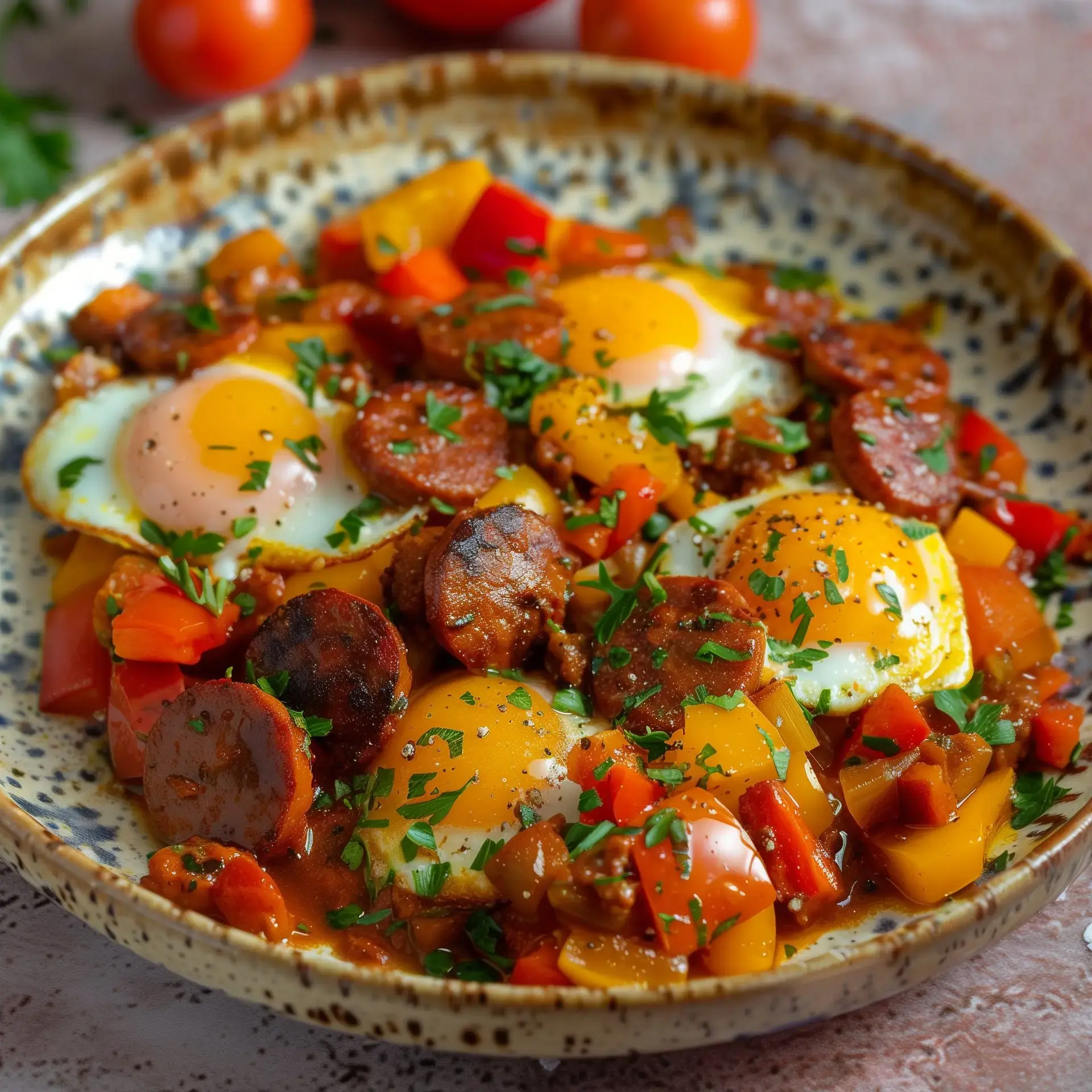 Un joli mélange de tomates, chorizo, œufs et poivrons dans une poêle, prêt à être dégusté.