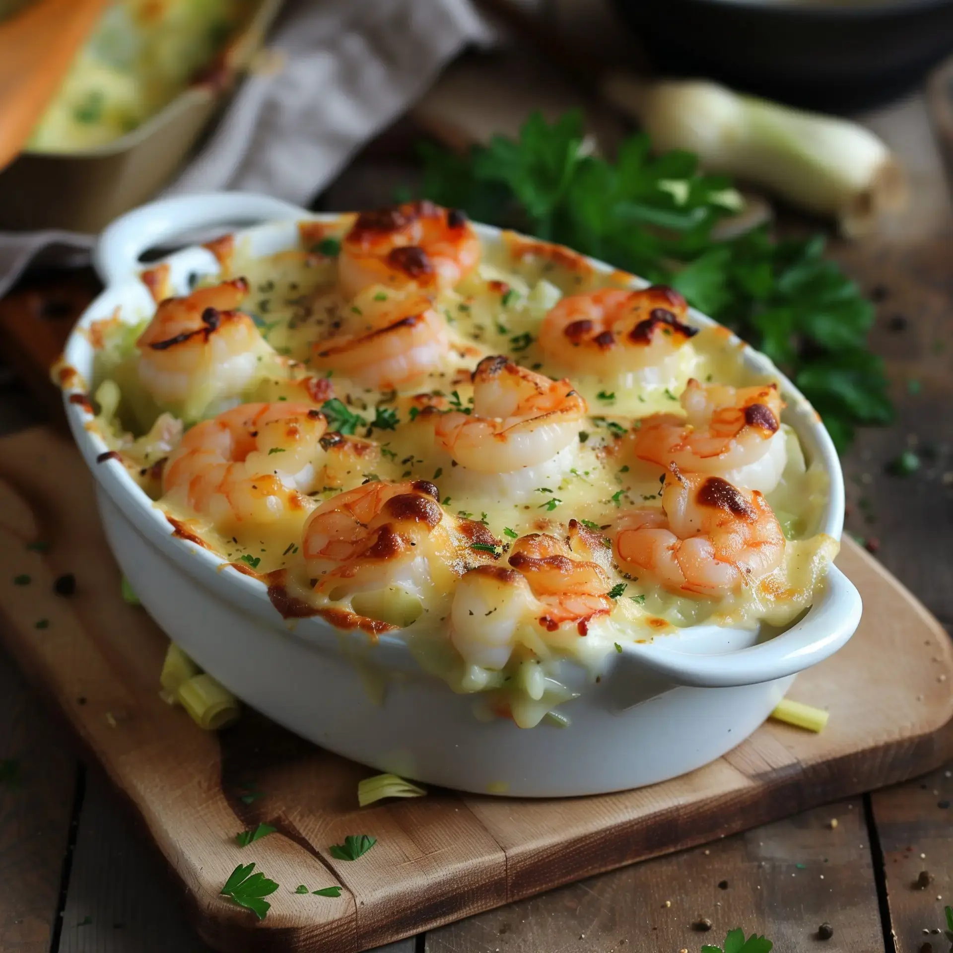 Plat gratiné aux crevettes accompagné de fromage fondu et décoré avec du persil frais.