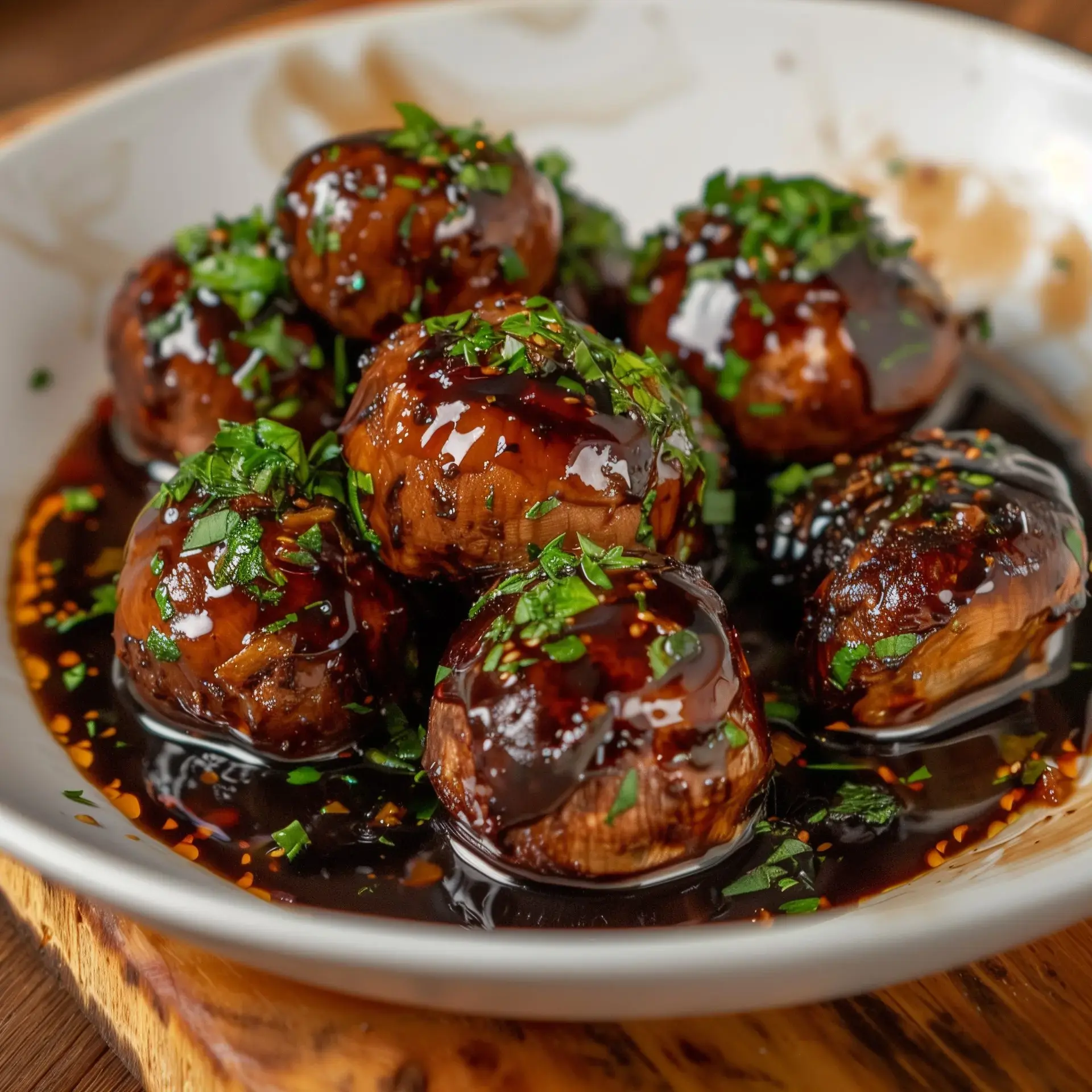 Un bol contenant des champignons rôtis, enrobés de sauce sombre et parsemés de ciboulette fraîche.