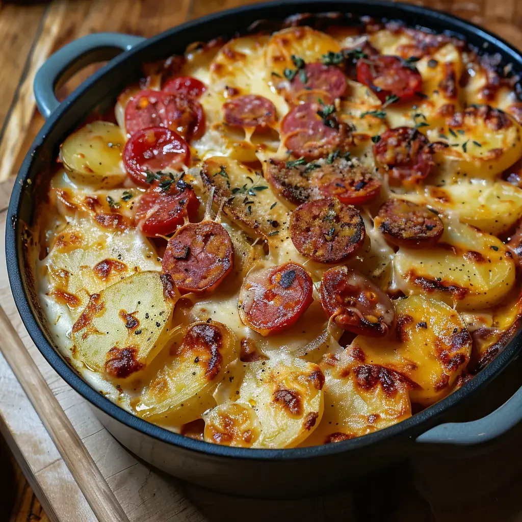 Un gratin généreux de pommes de terre et chorizo avec une croûte dorée, présenté dans un plat en fonte.