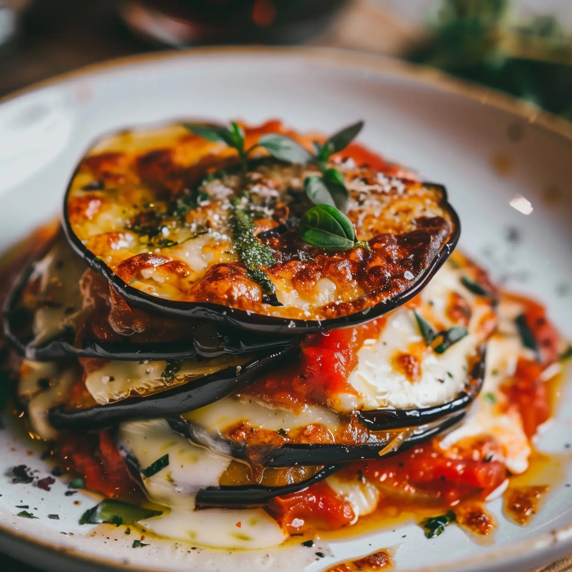 Un gratin d’aubergines dorées superposées avec des tomates et du fromage fondu, décoré de basilic frais.