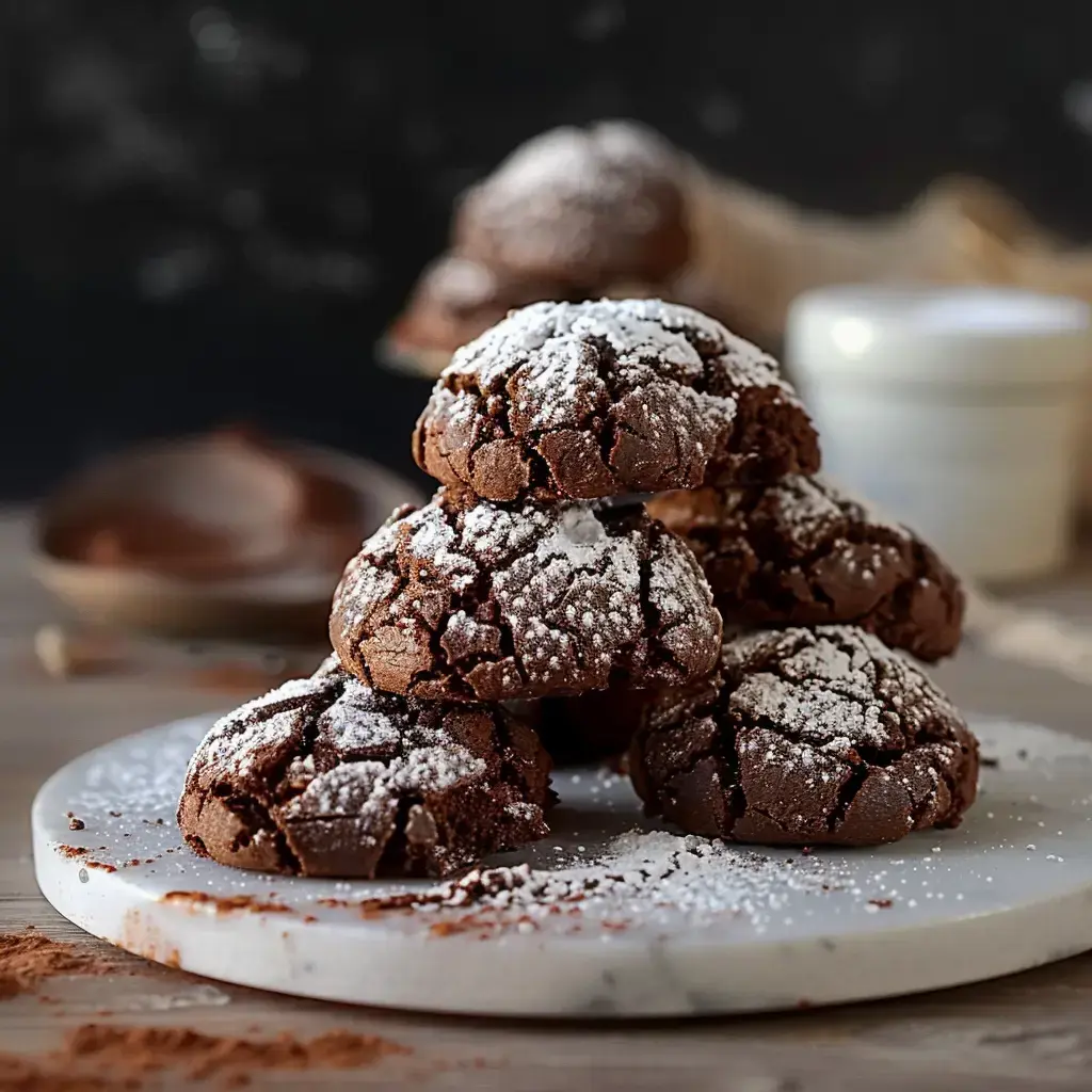 Un tas de biscuits craquelés au chocolat sur une assiette en marbre, saupoudrés de sucre glace.