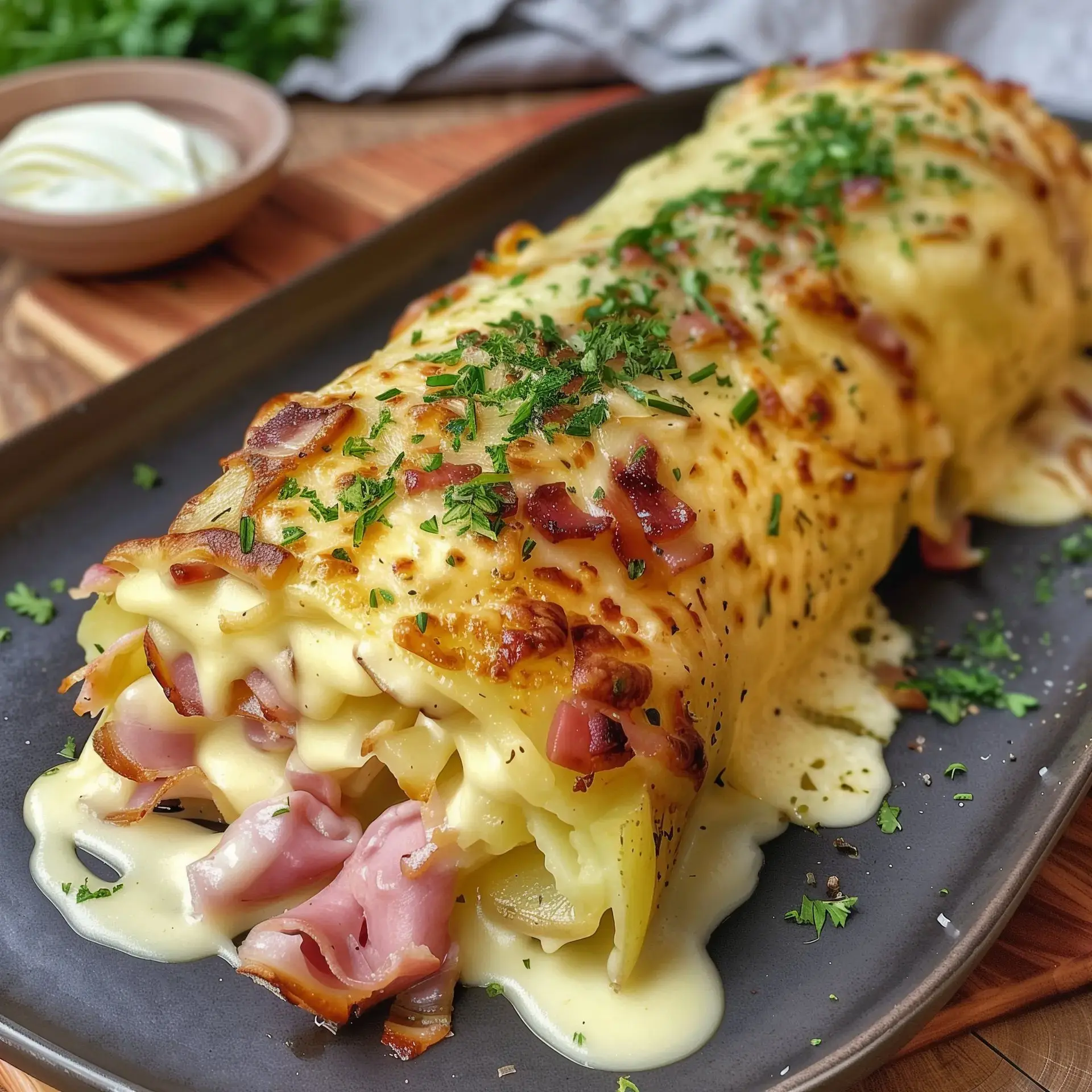 Plat de pommes de terre gratinées avec jambon et fromage fondu, décoré de persil et servi joliment.