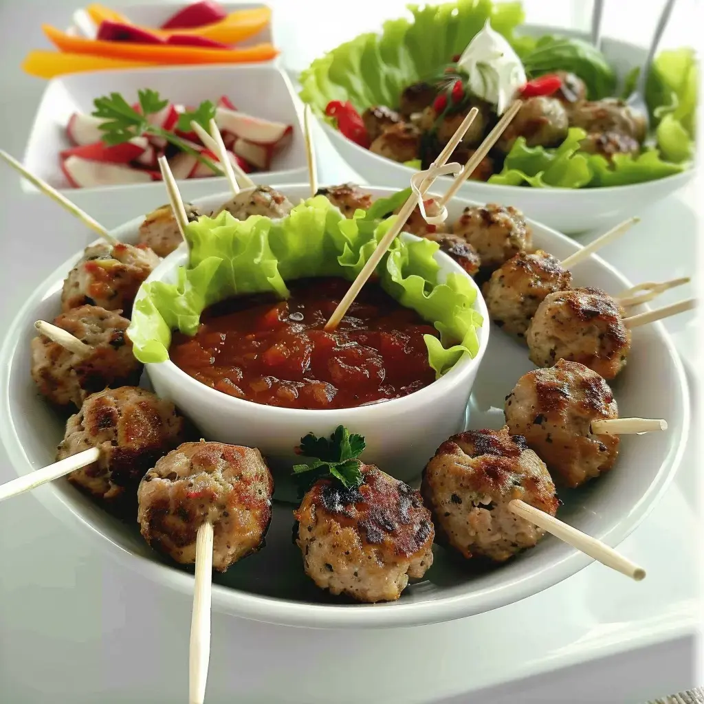 Une assiette pleine de boulettes de veau caramélisées, accompagnée d'une sauce dans un petit bol, avec des légumes frais et de la salade comme garniture.