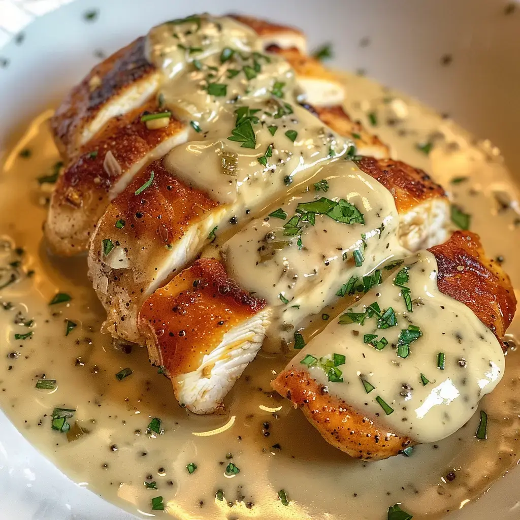 Une assiette de morceaux de poulet tendres nappés de sauce crémeuse et décorés de persil.