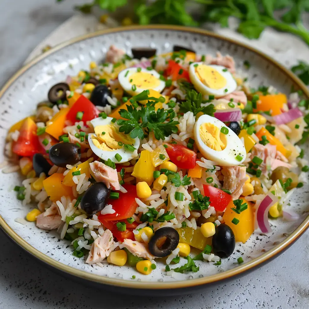 Une belle assiette estivale avec riz, thon, œufs, tomates, poivrons, olives, oignons et persil frais saupoudré.