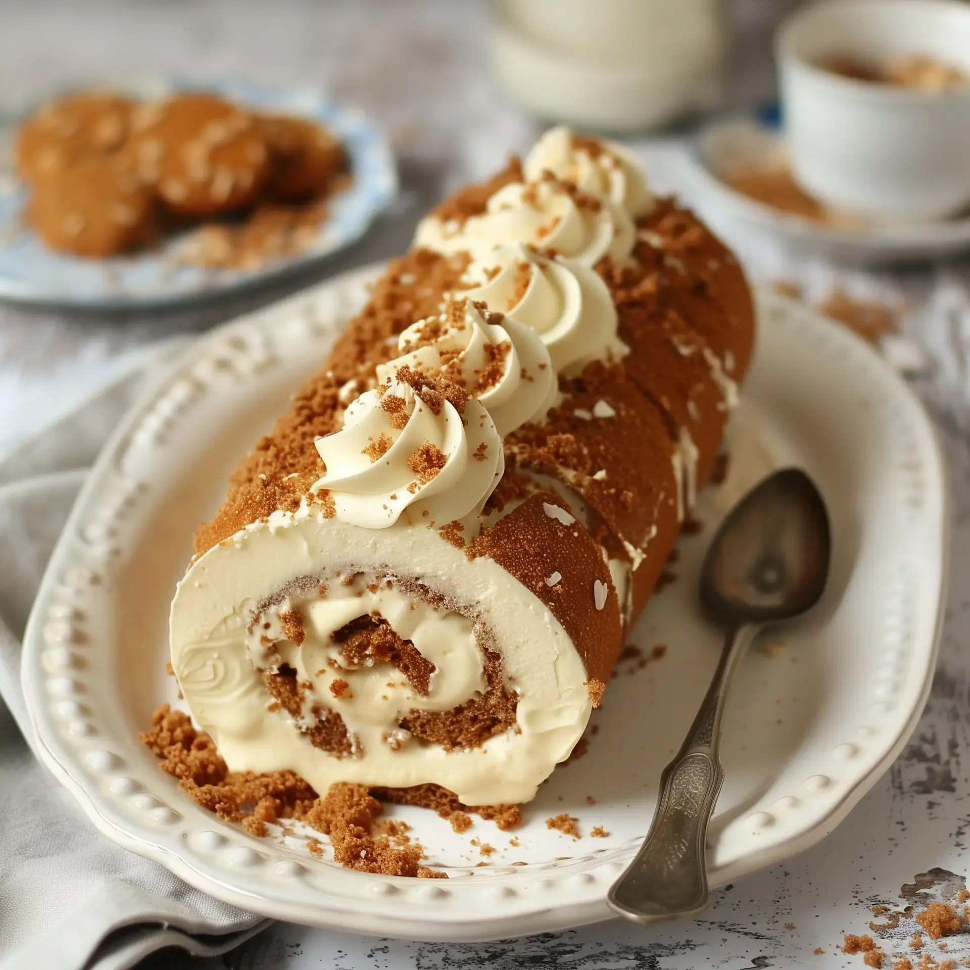 Une bûche roulée décorée de crème douce et de spéculoos, accompagnée d'une cuillère sur une assiette.