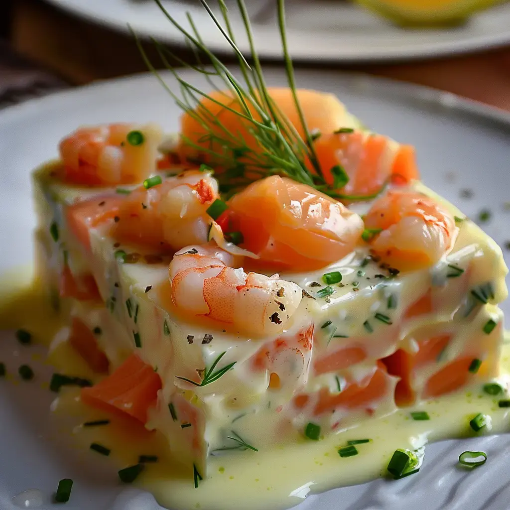 Un délicieux bloc de terrine aux saumon et crevettes, décoré de brins d'aneth et de ciboulette, accompagné d'une sauce légère.