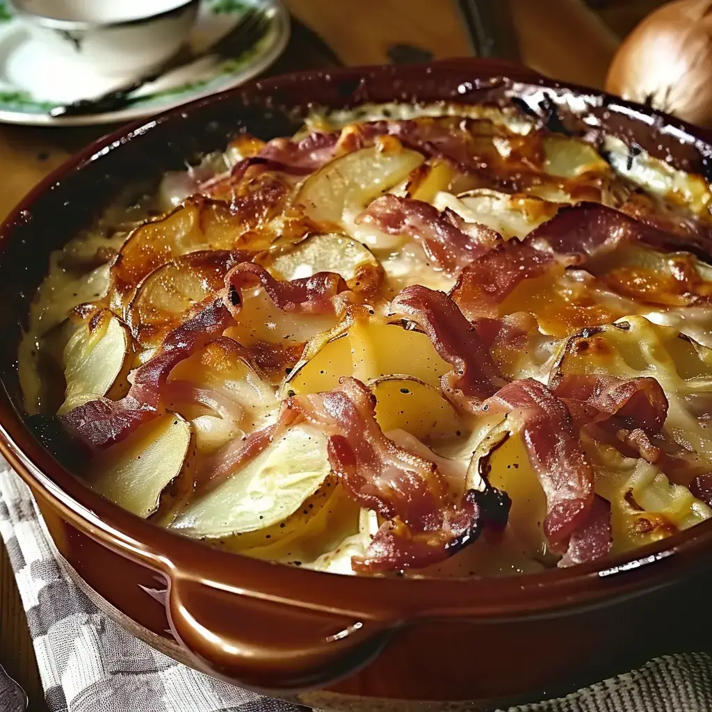 Plat gratiné à base de pommes de terre et lard croustillant servi dans une cocotte rustique.