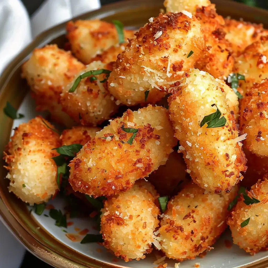 Des croquettes maison dorées, servies dans un joli plat avec une touche de persil frais.